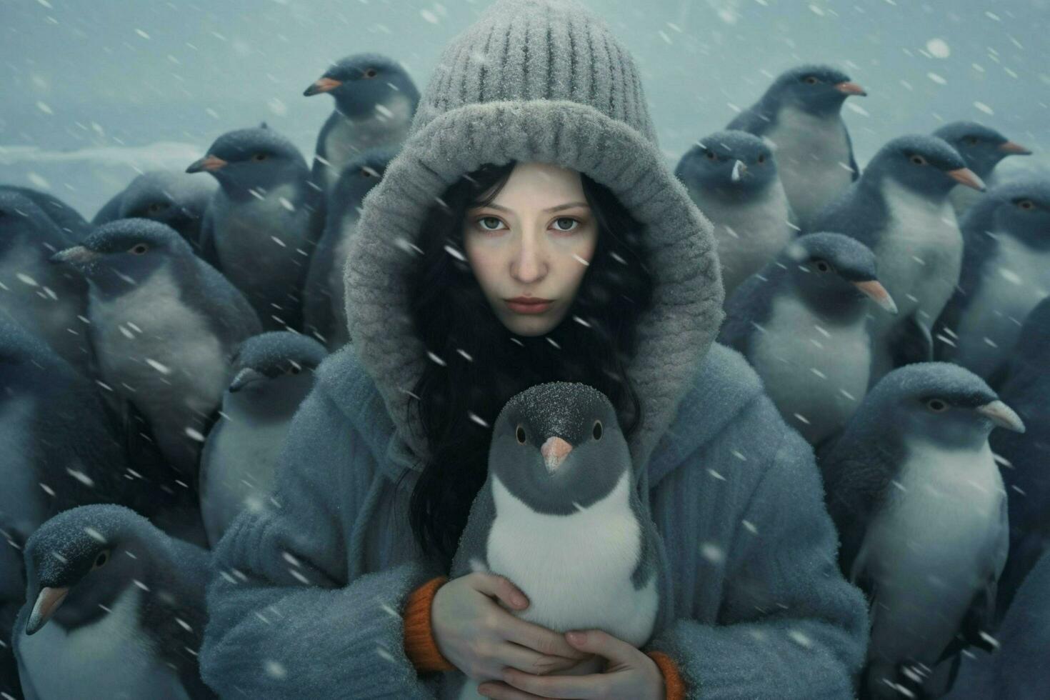 woman warm winter clothes with penguins photo