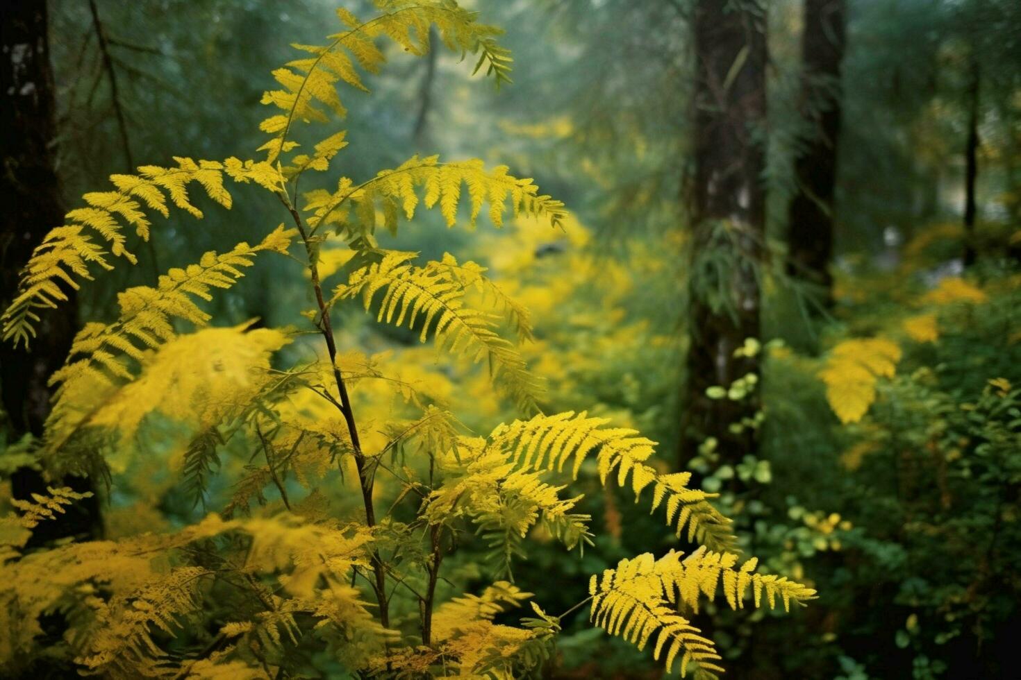 yellow autumn fern branches in green forest photo