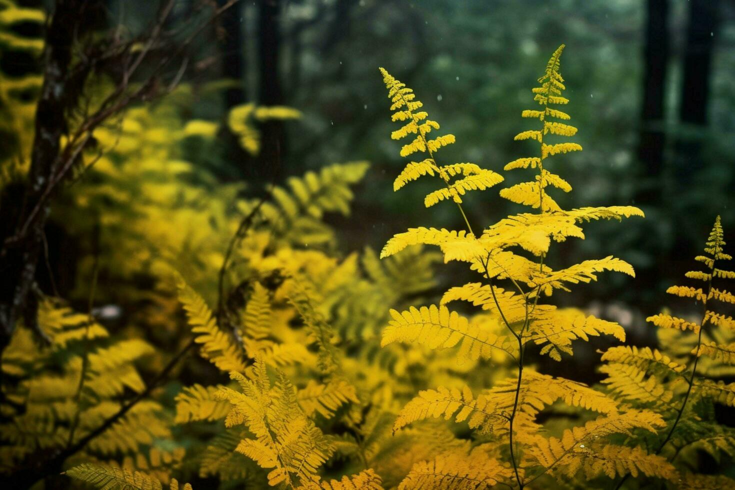 yellow autumn fern branches in green forest photo