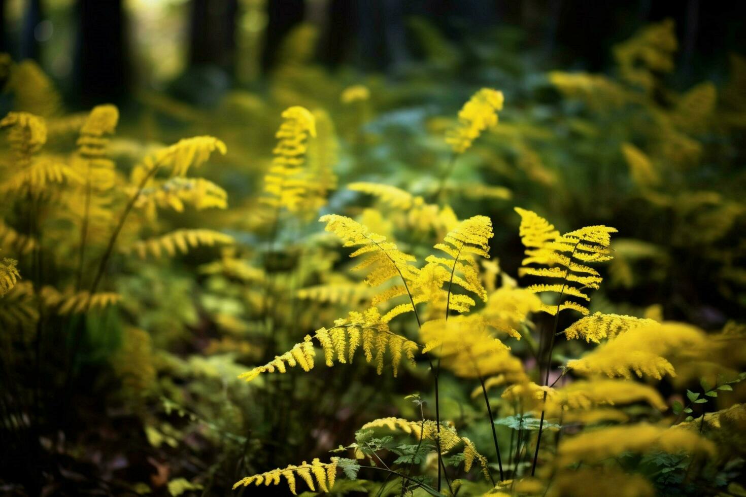 yellow autumn fern branches in green forest photo