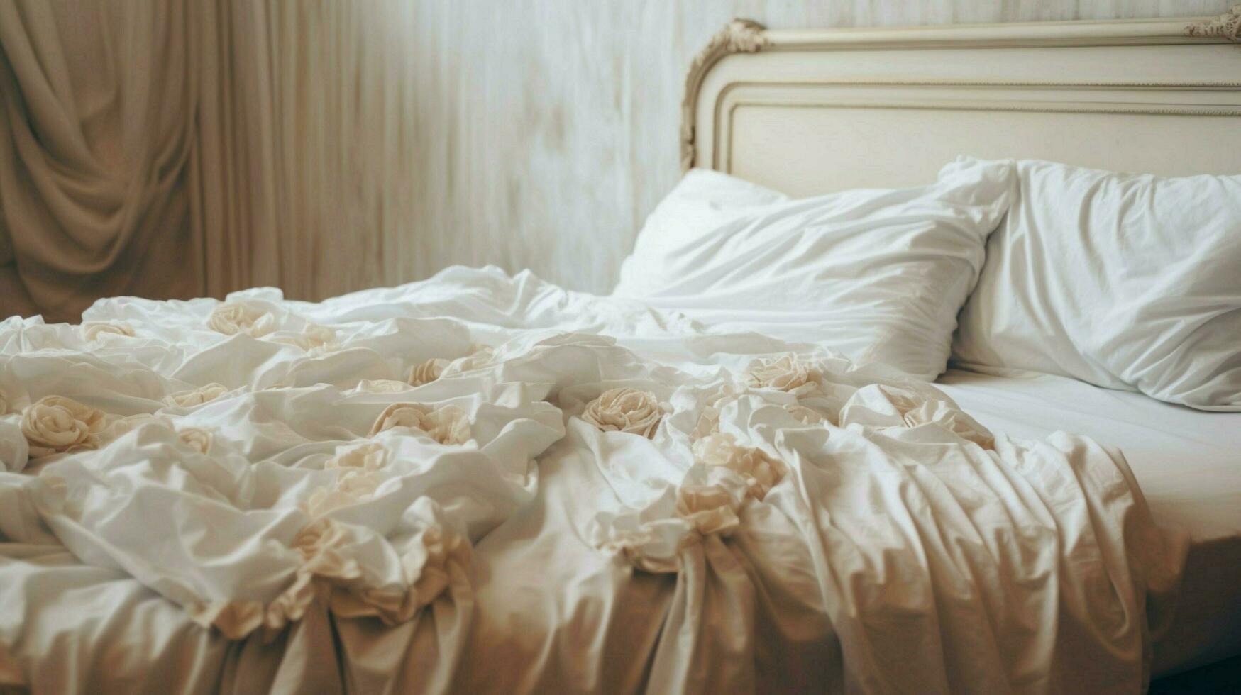 a bed with white sheets and a pillow on it photo