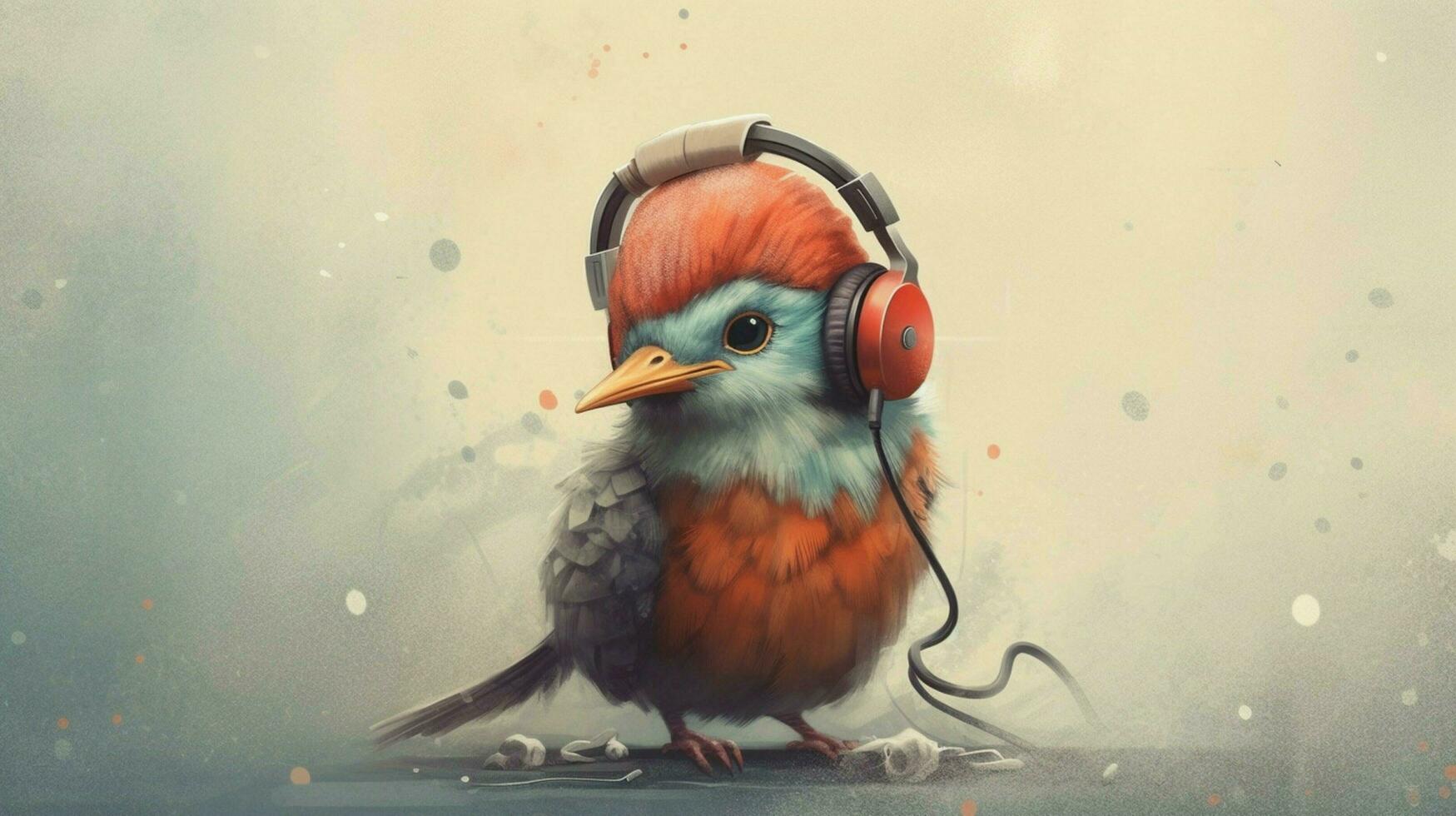 a bird with headphones and a hat that saysi love photo