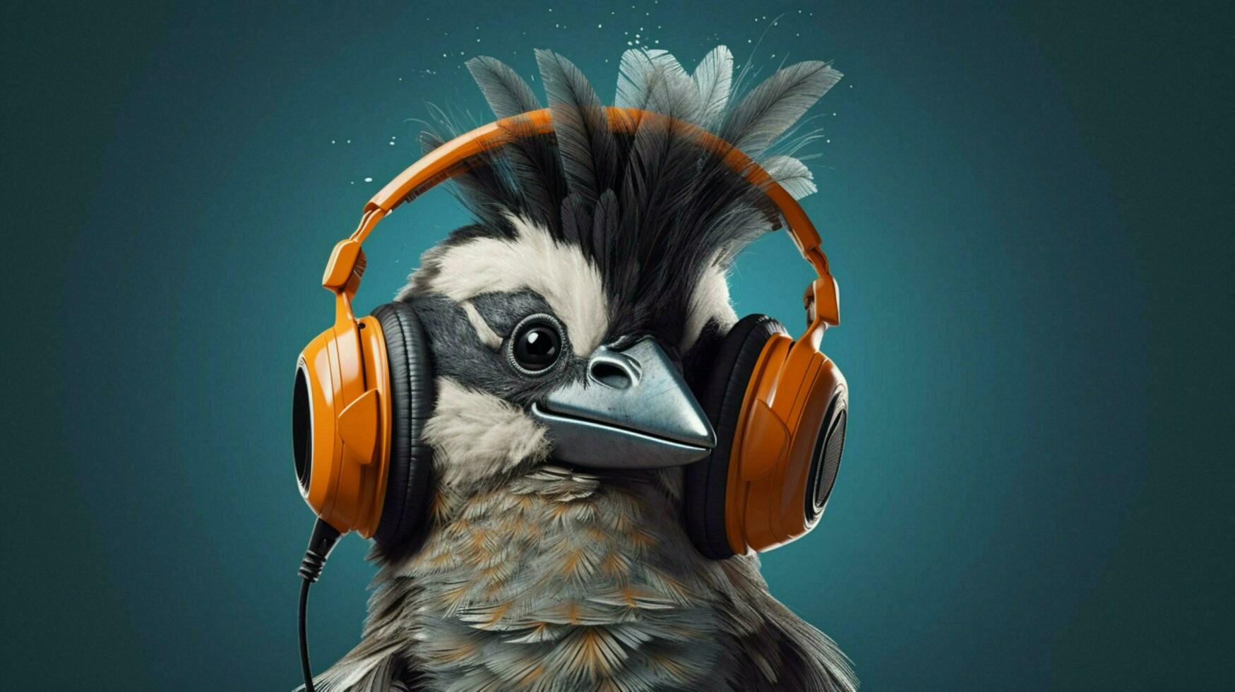 a bird with headphones and a hat that saysi love photo