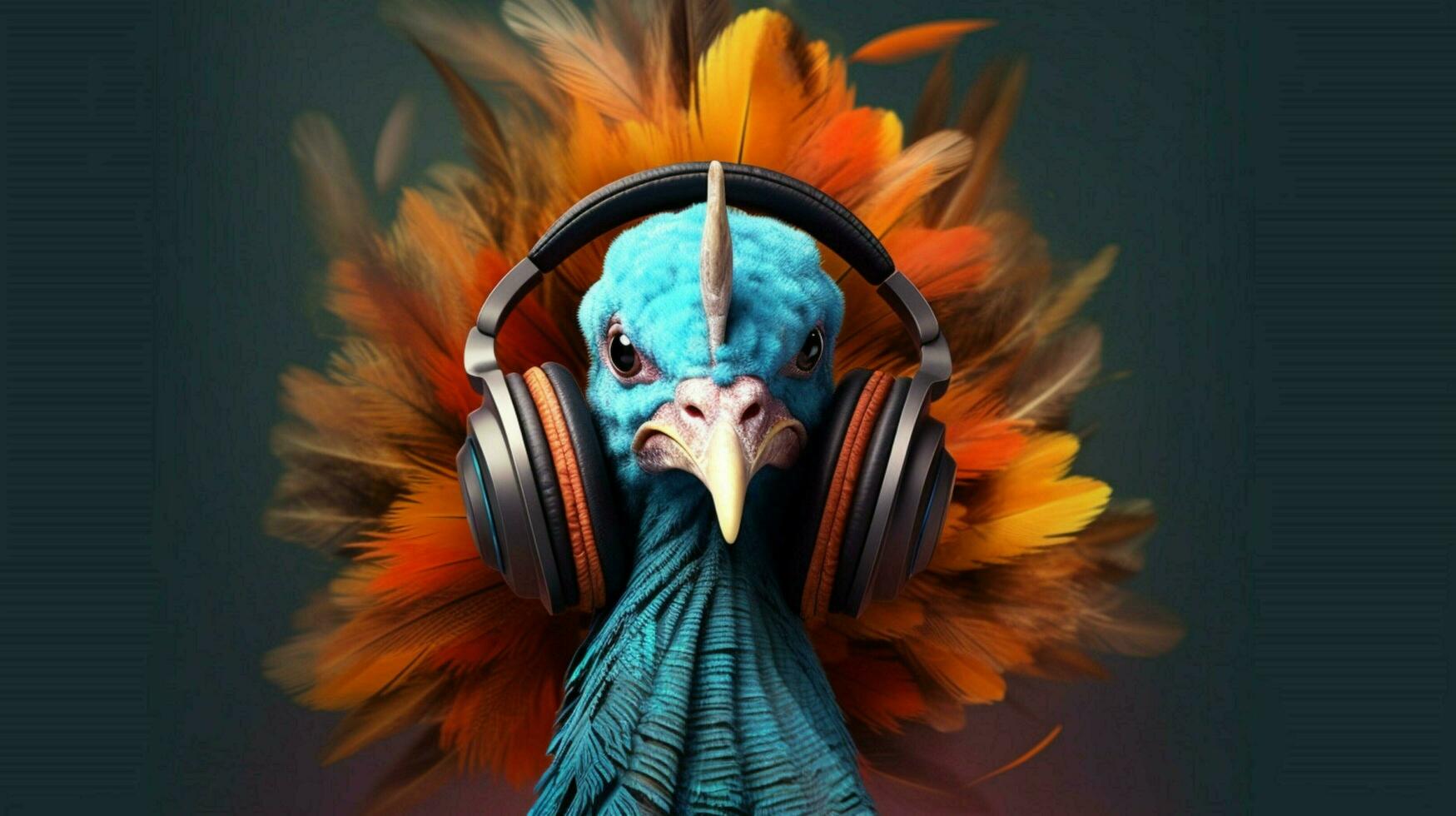 a bird with headphones and a headphone that saysi photo