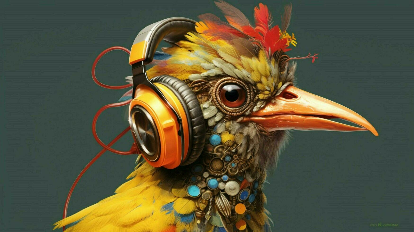 a bird with headphones and a headphone photo