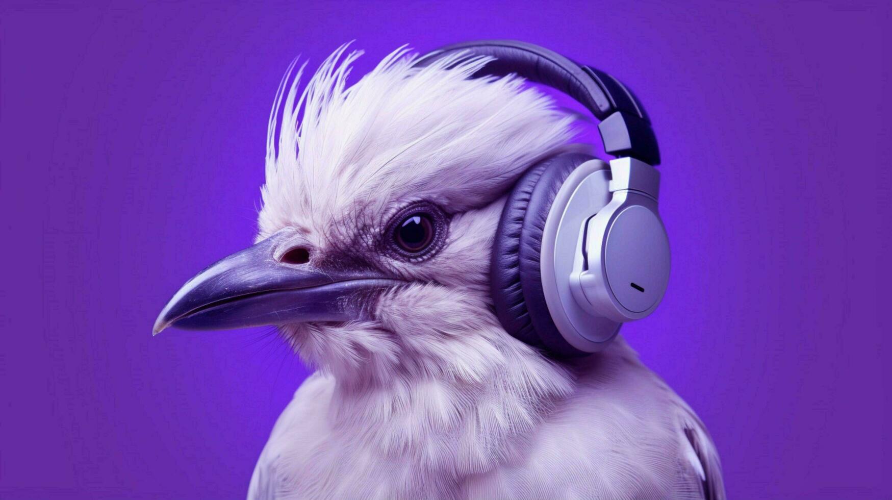 a bird with headphones and a purple background photo
