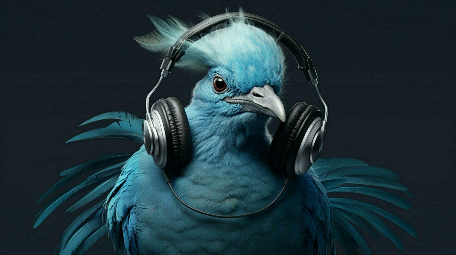 a bird with headphones on it and a headphones on photo