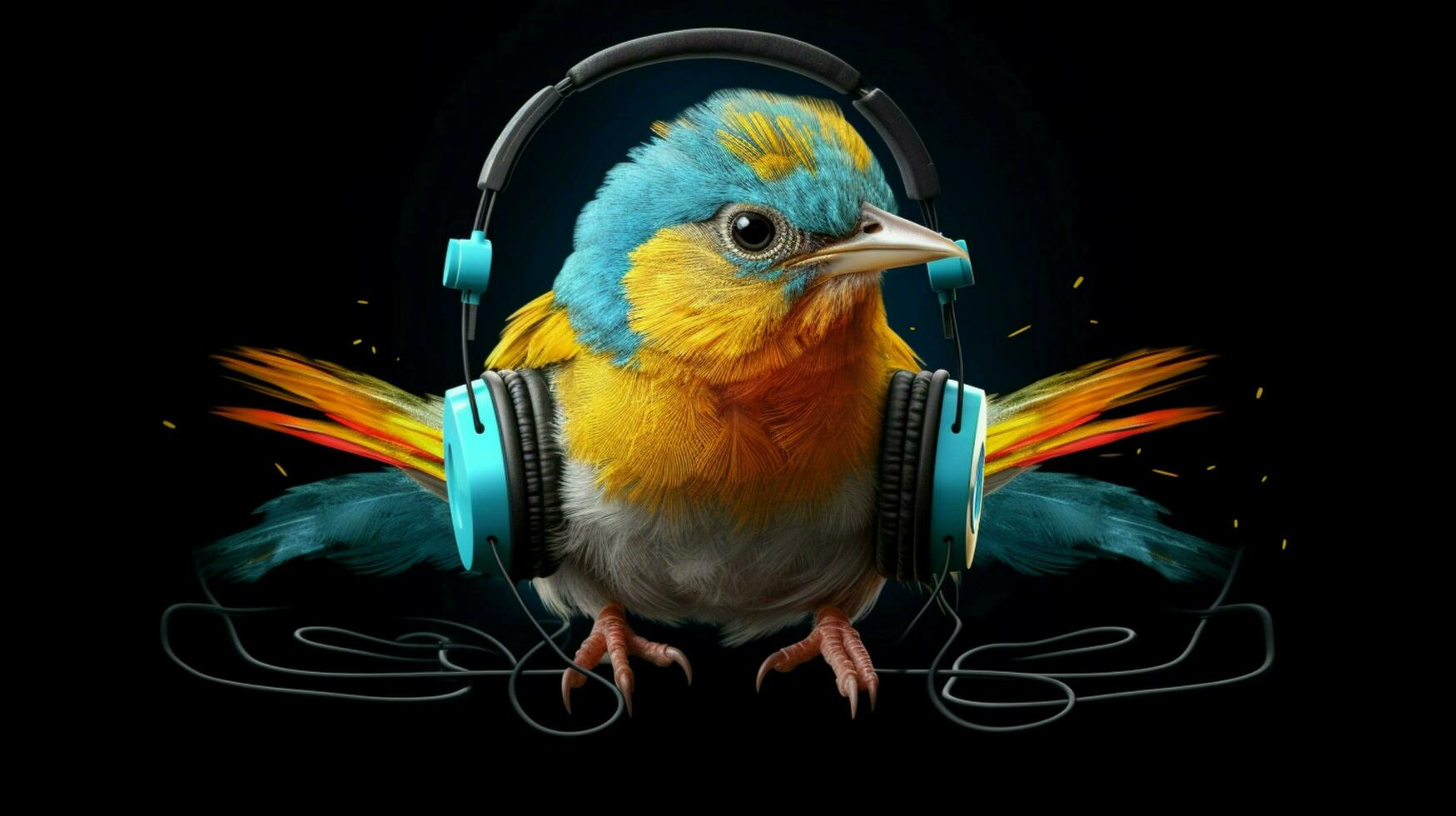 a bird with headphones on it and a headphones on photo