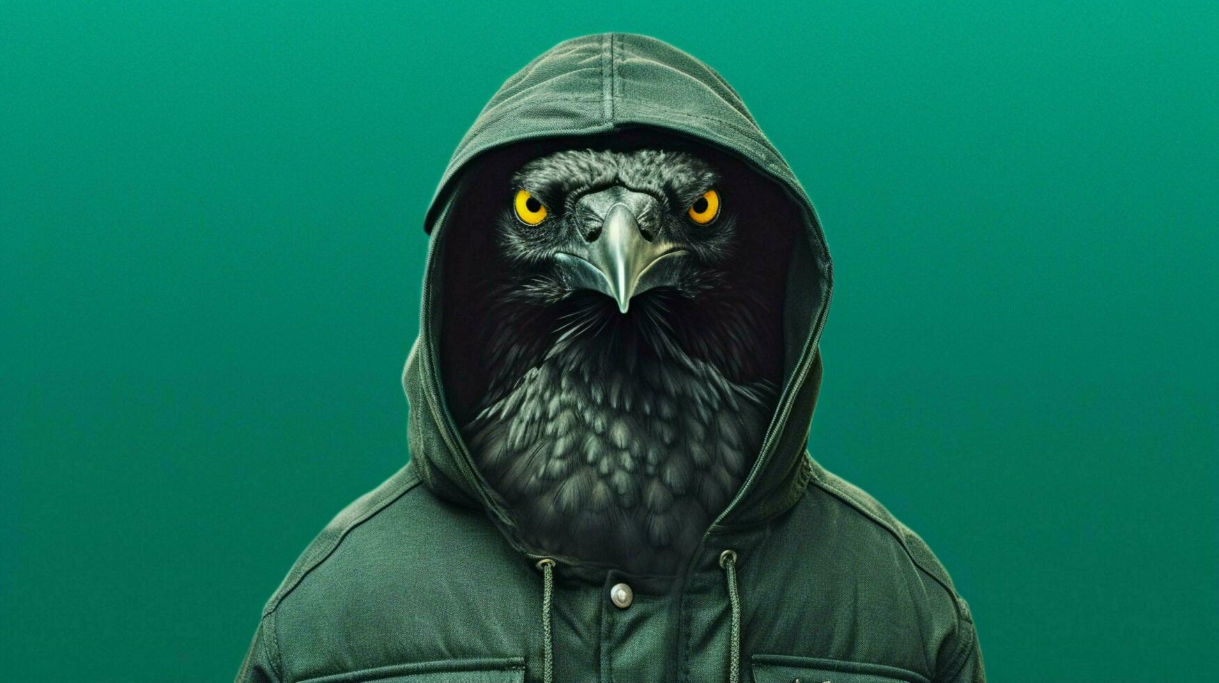 a black bird wearing a hoodie with a green backgr photo