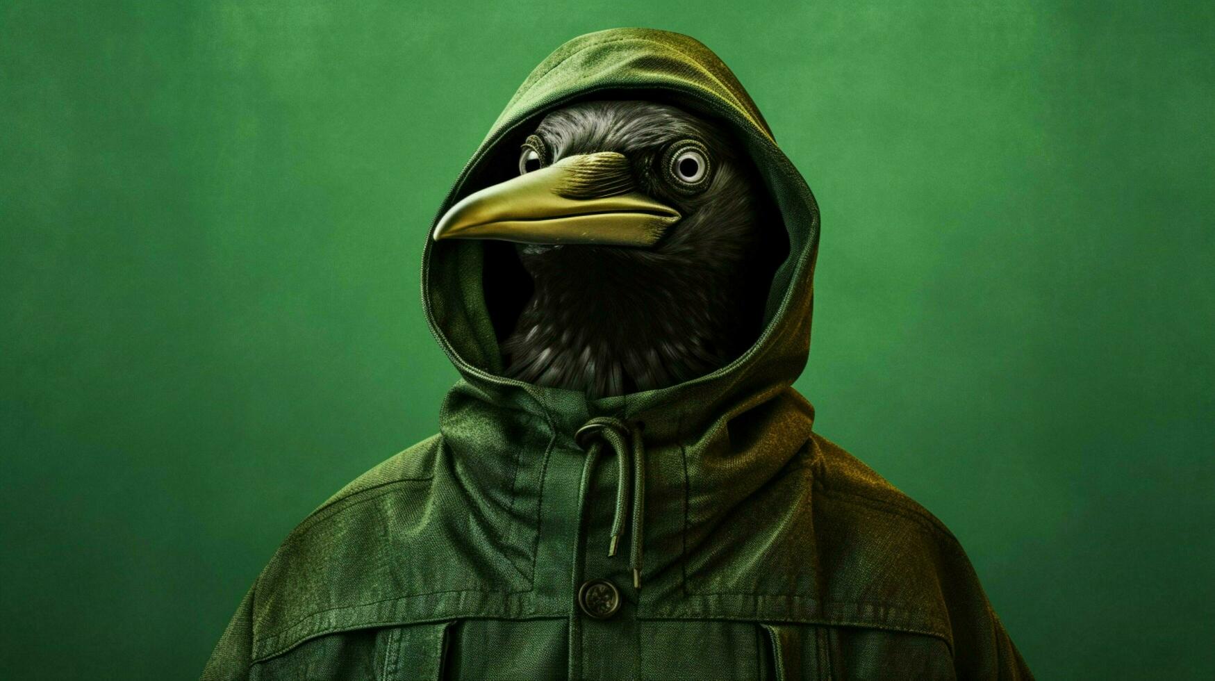 un negro pájaro vistiendo un capucha con un verde backgr foto