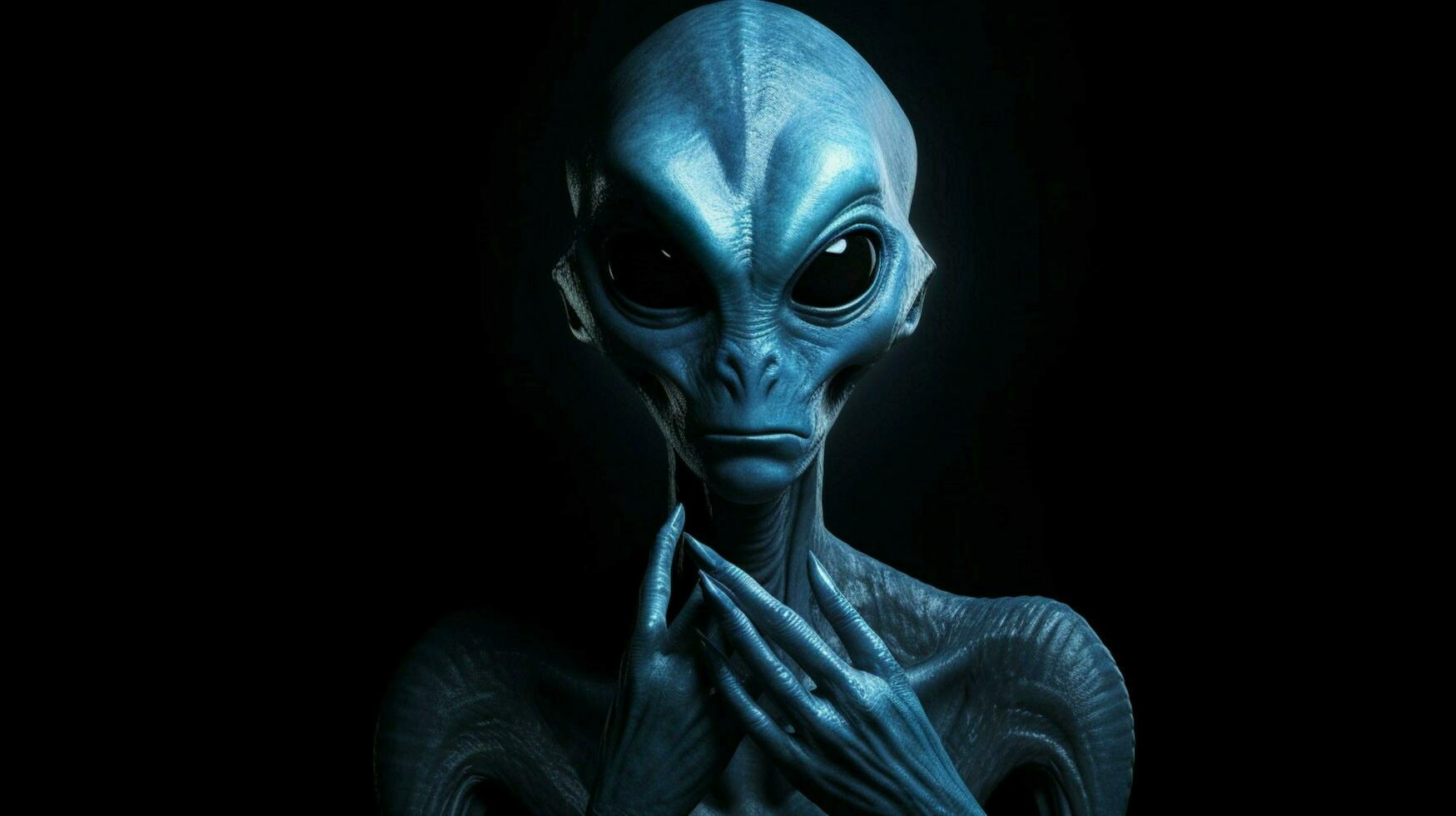 a blue alien with a black background photo