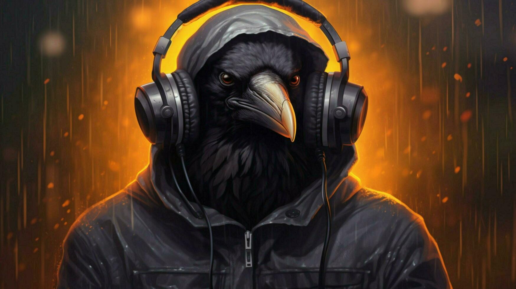 a black crow with headphones and a hoodie photo