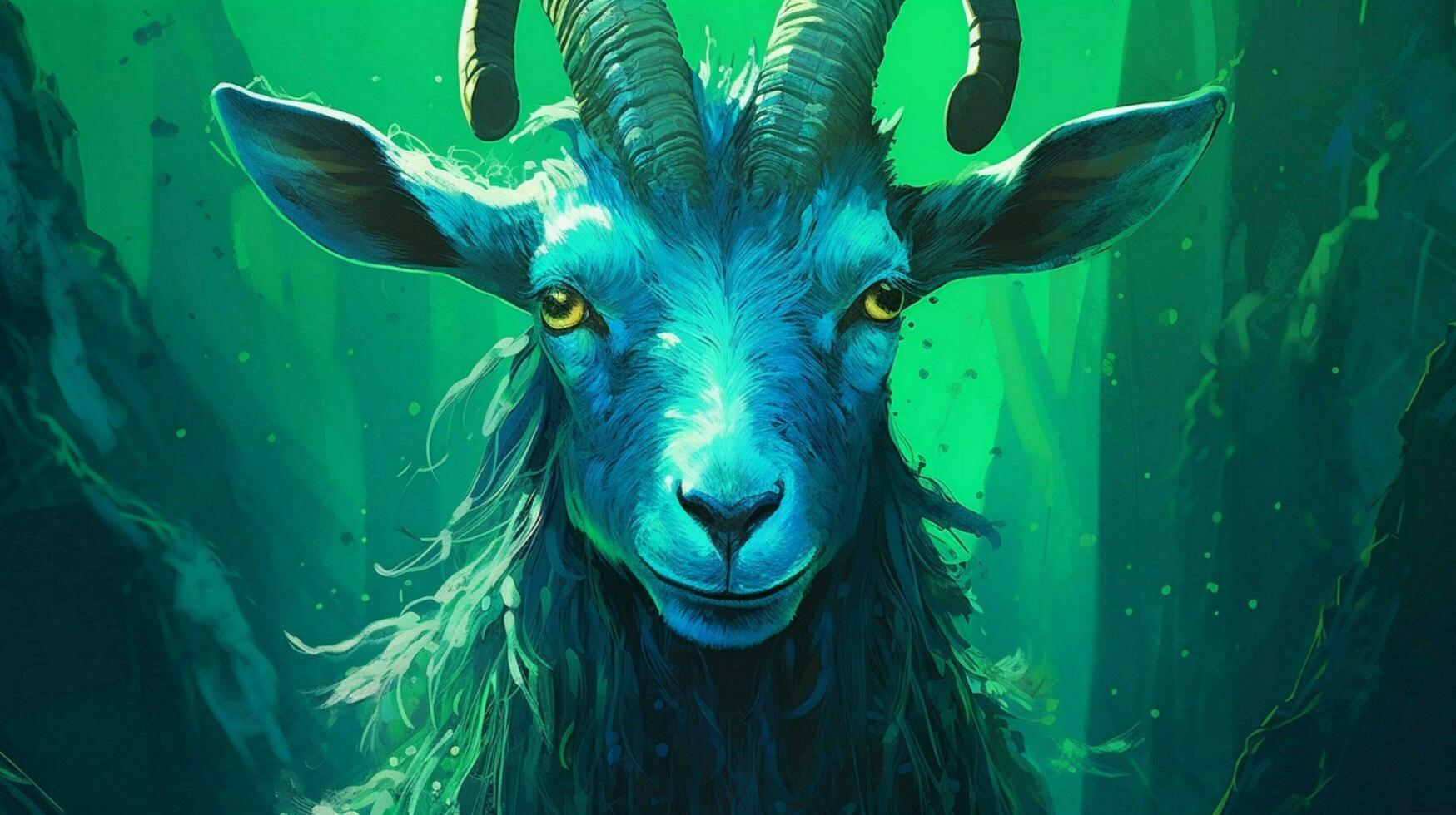 a blue and green illustration of a goat photo