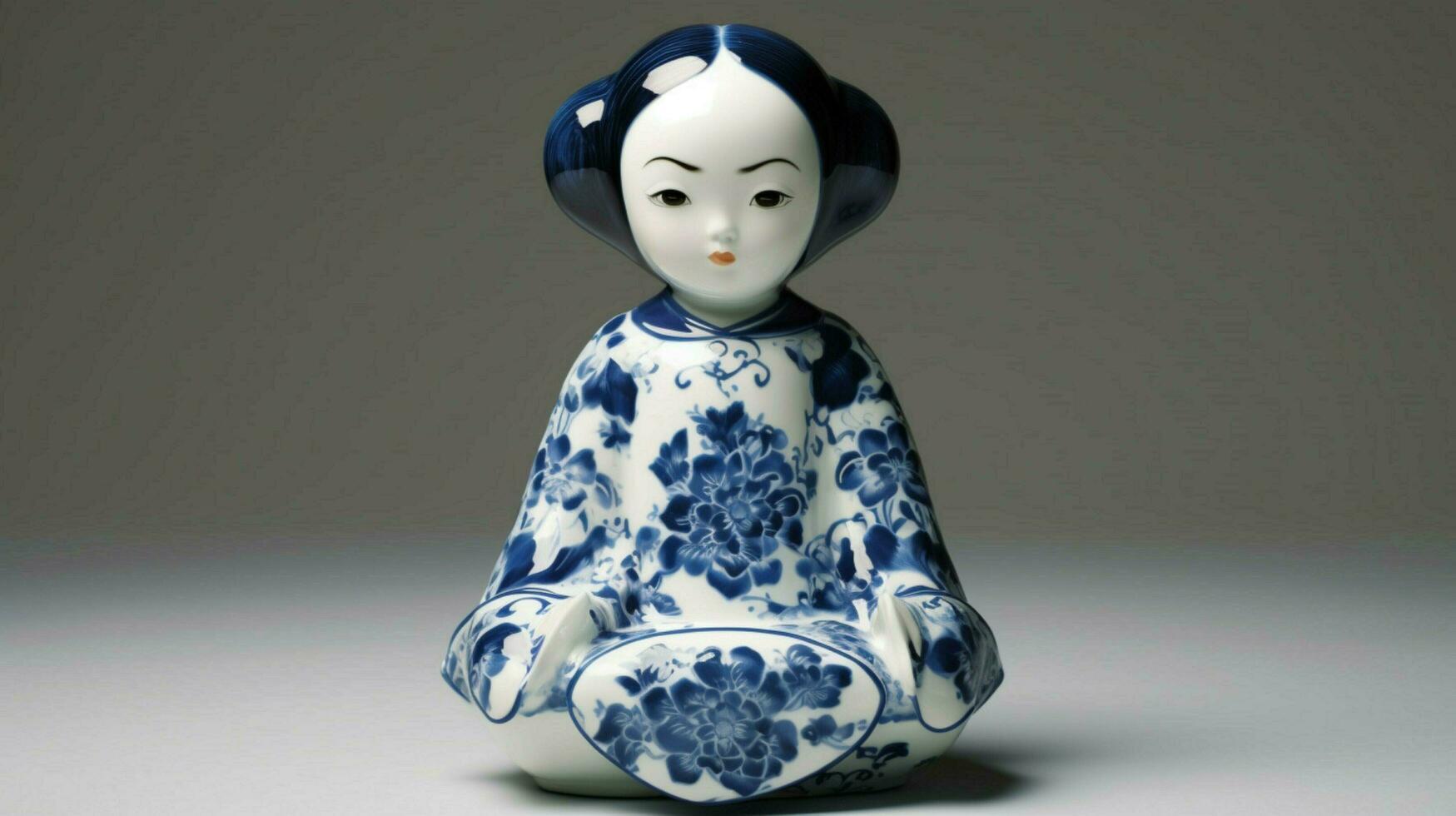 a blue and white porcelain doll with a flowery photo