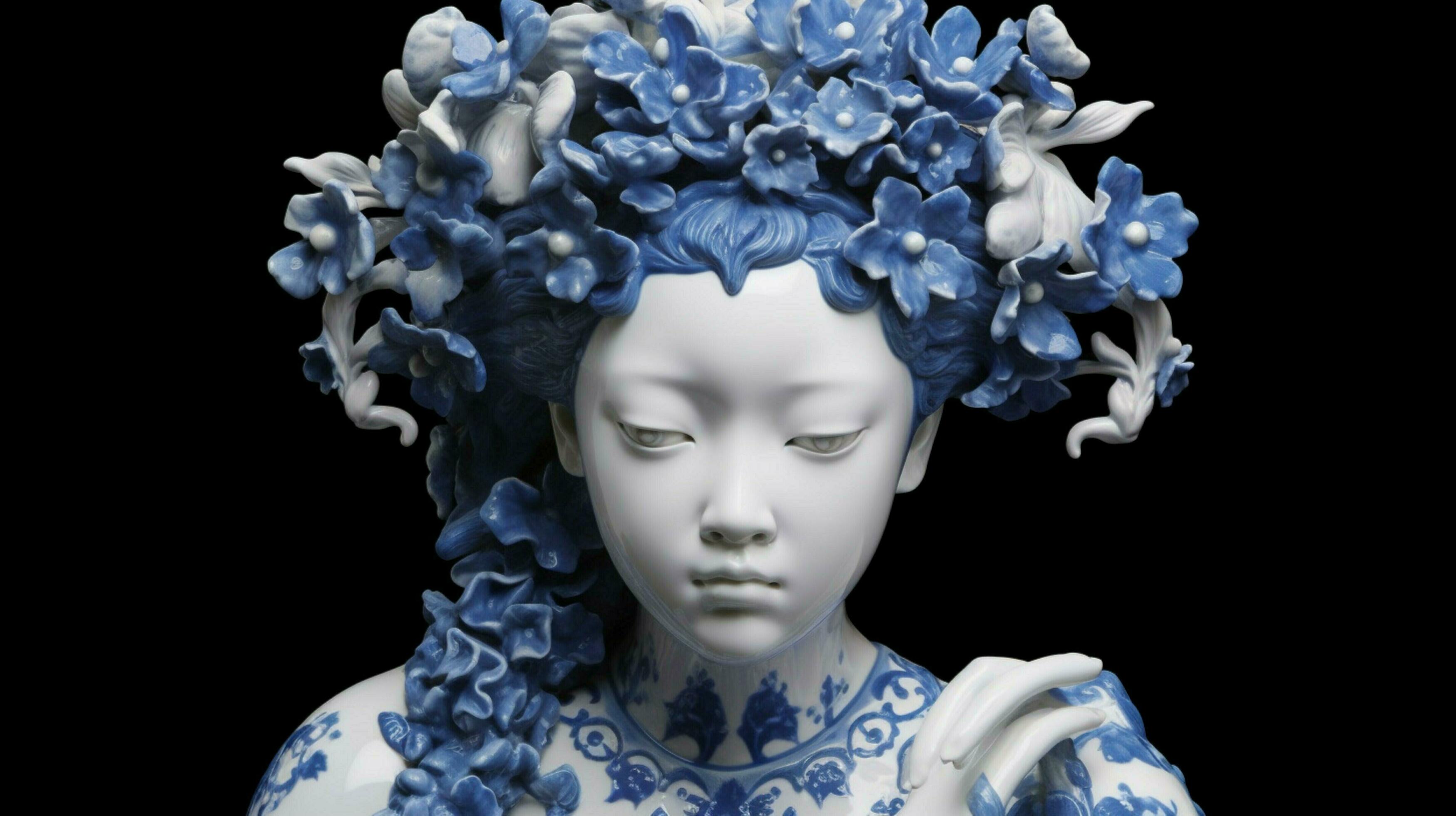 a blue and white porcelain statue of a girl with 30647098 Stock Photo