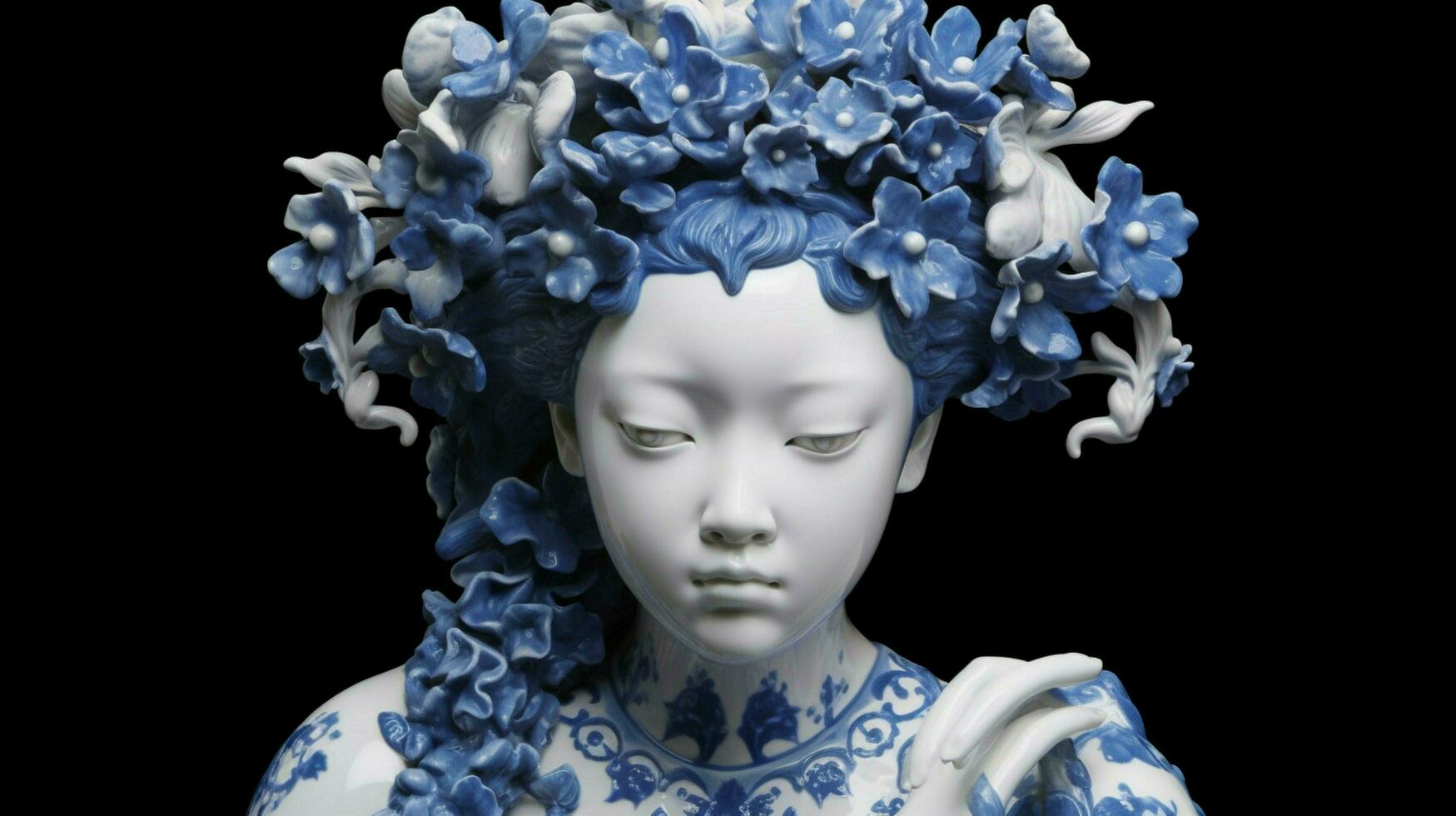 un azul y blanco porcelana estatua de un niña con foto