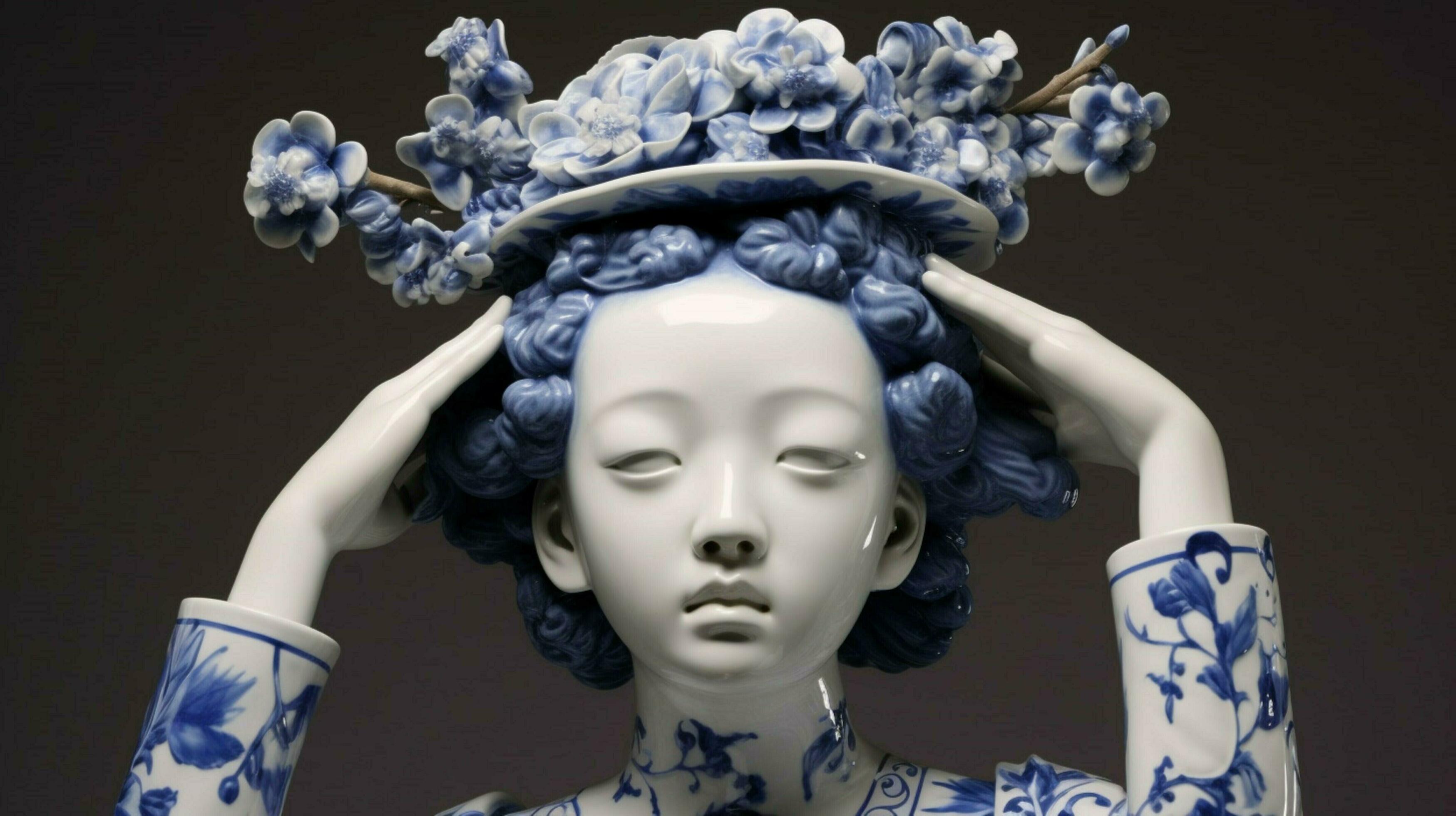 a blue and white porcelain statue of a girl with 30647100 Stock Photo
