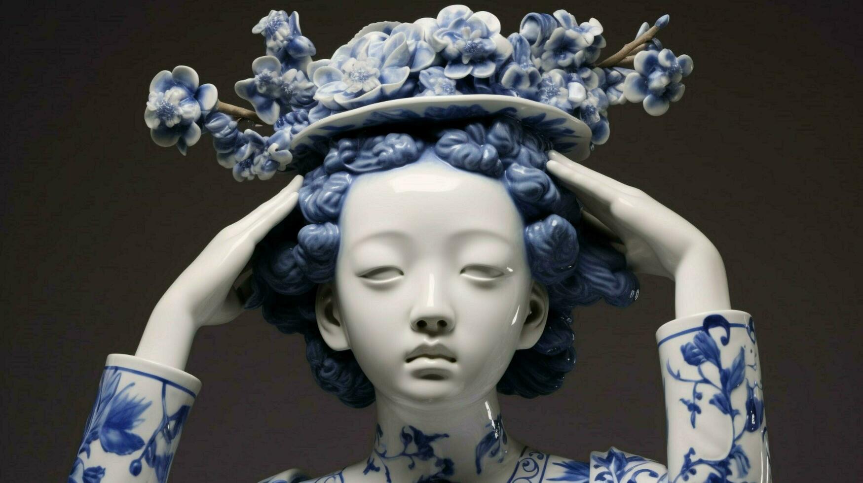 a blue and white porcelain statue of a girl with photo