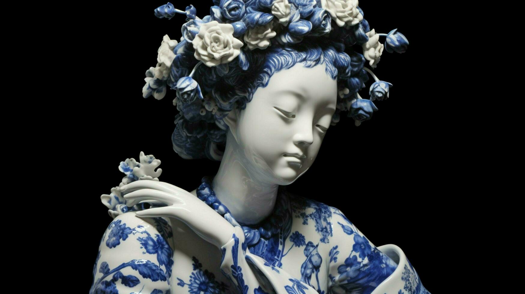 a blue and white porcelain statue of a girl with photo