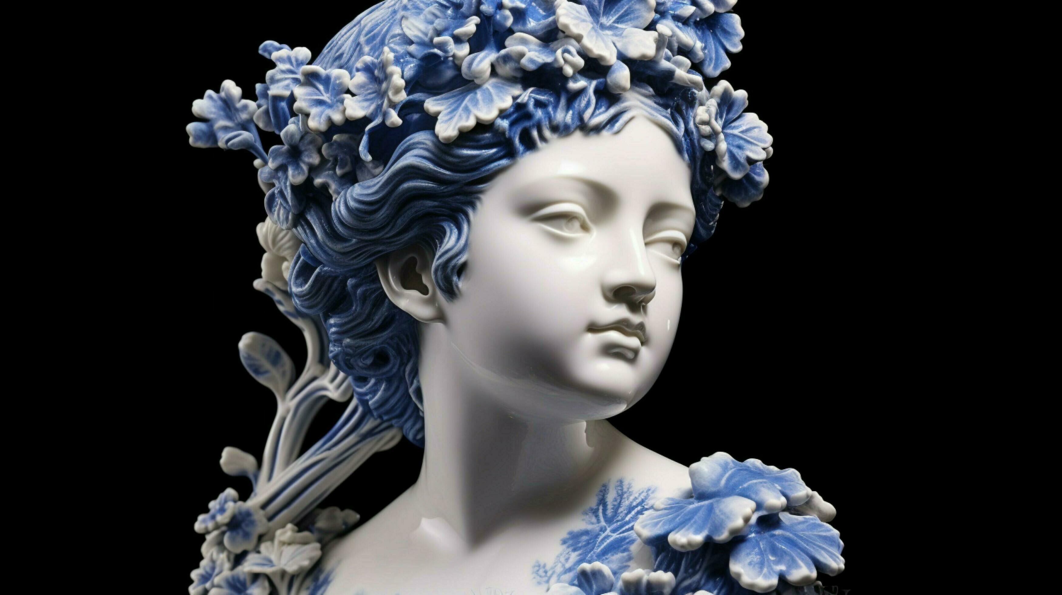 a blue and white porcelain statue of a girl with 30647108 Stock Photo