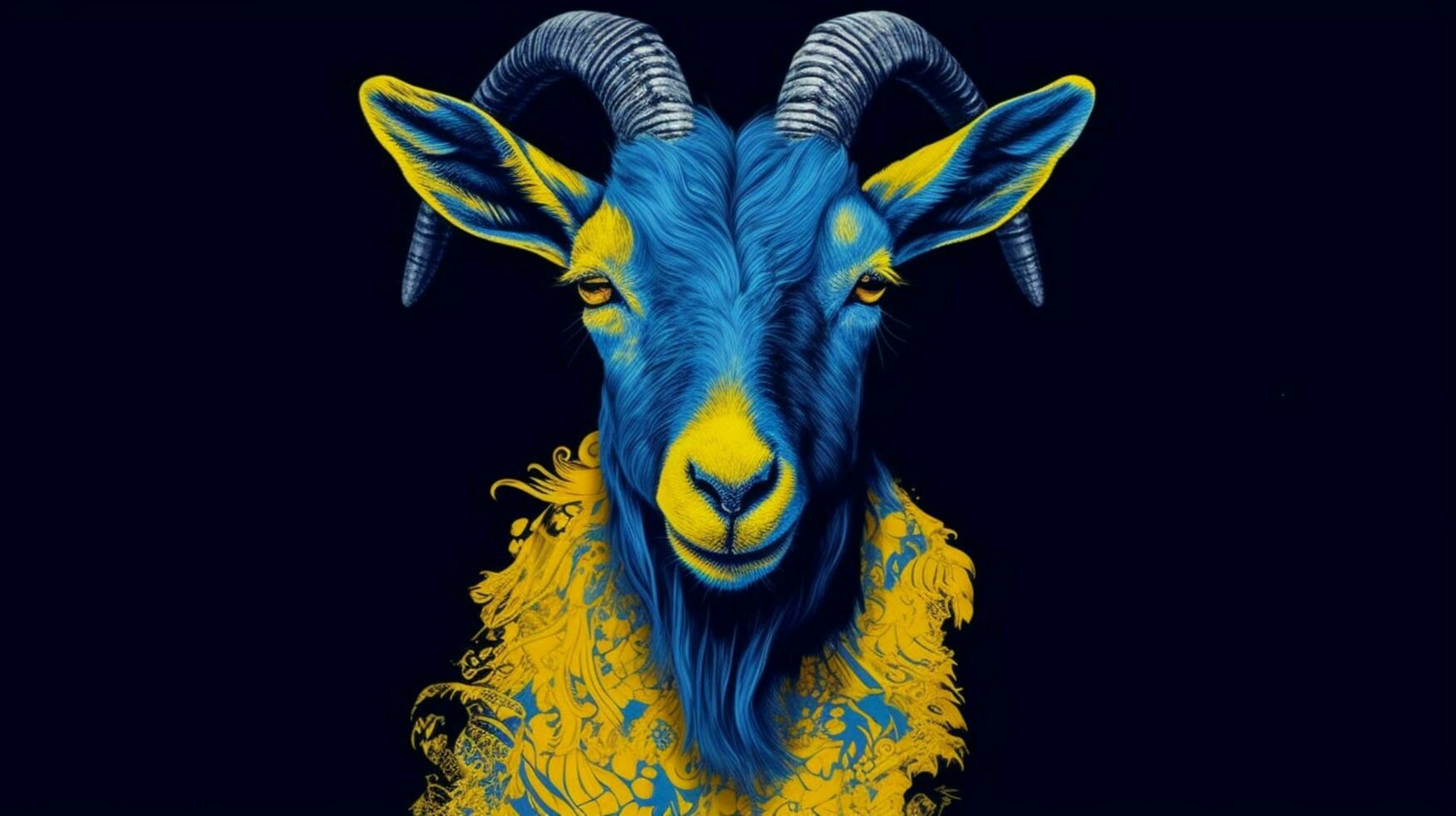a blue and yellow drawing of a goat photo