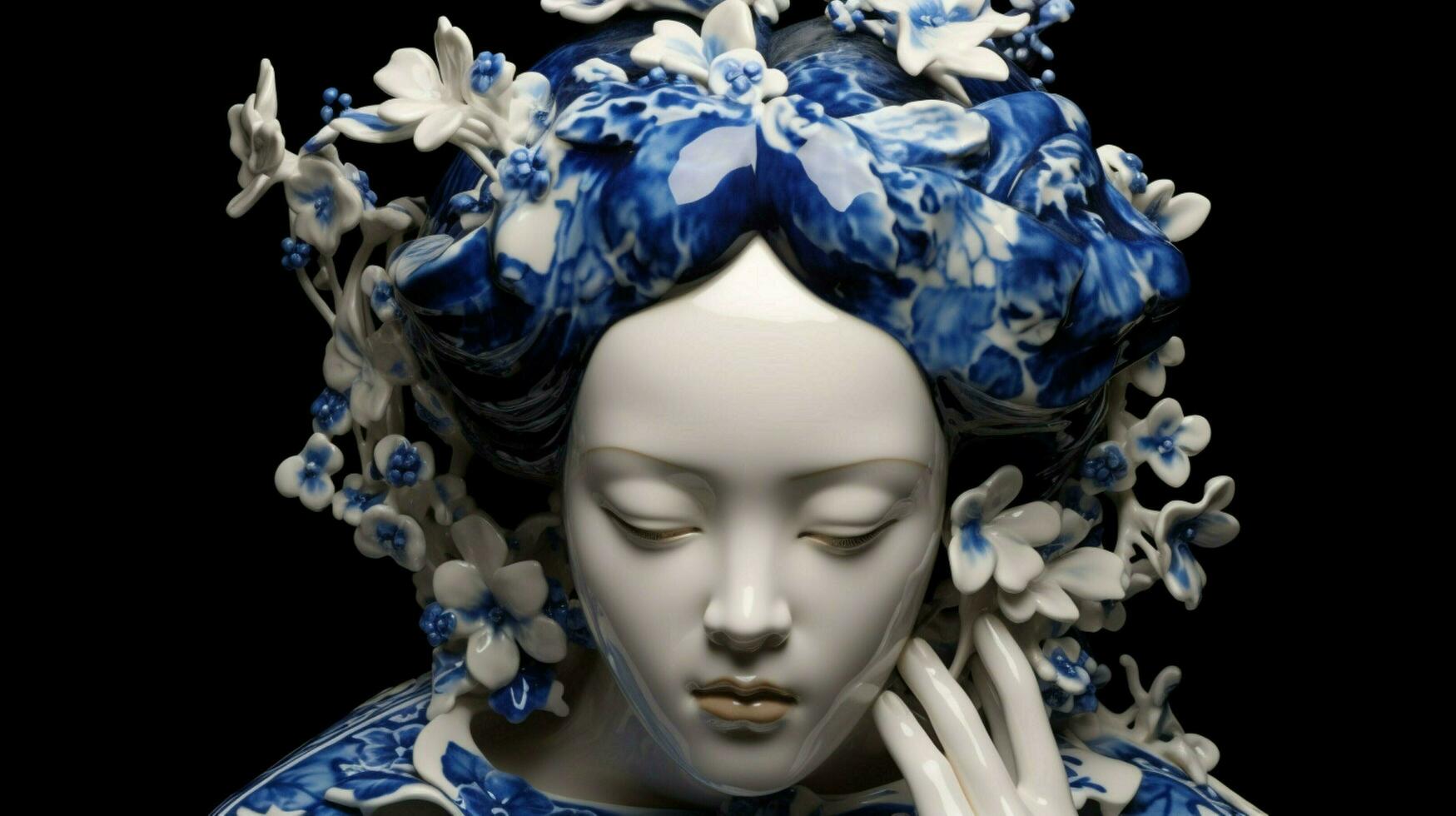 a blue and white porcelain statue of a girl with 30647112 Stock Photo