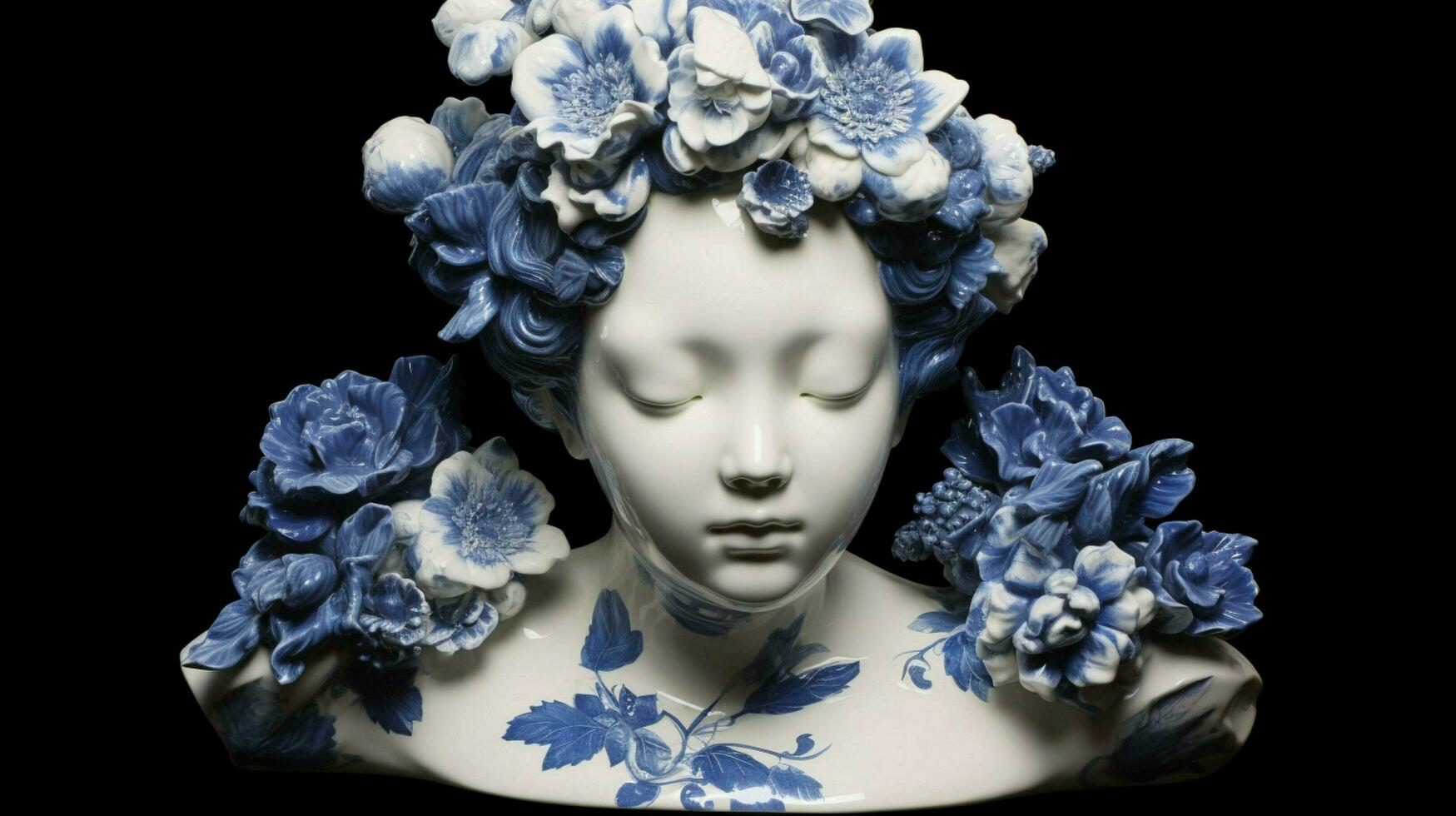 a blue and white porcelain statue of a girl with photo