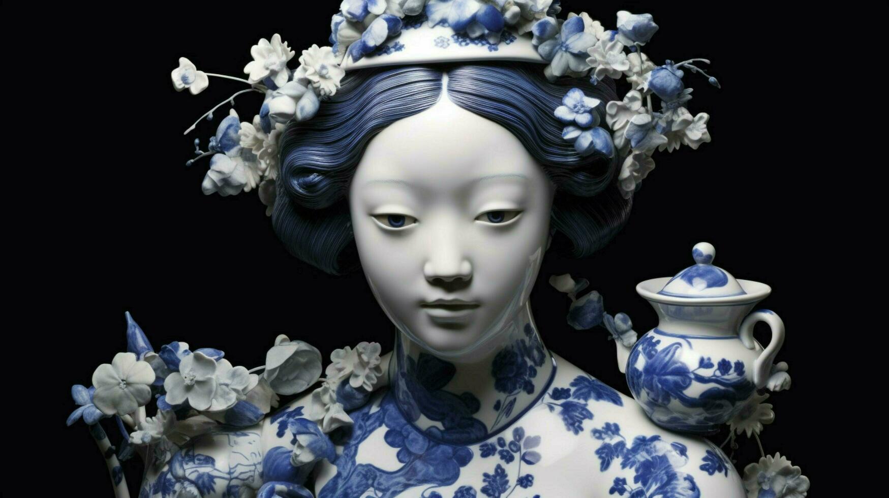 a blue and white porcelain statue of a girl with photo