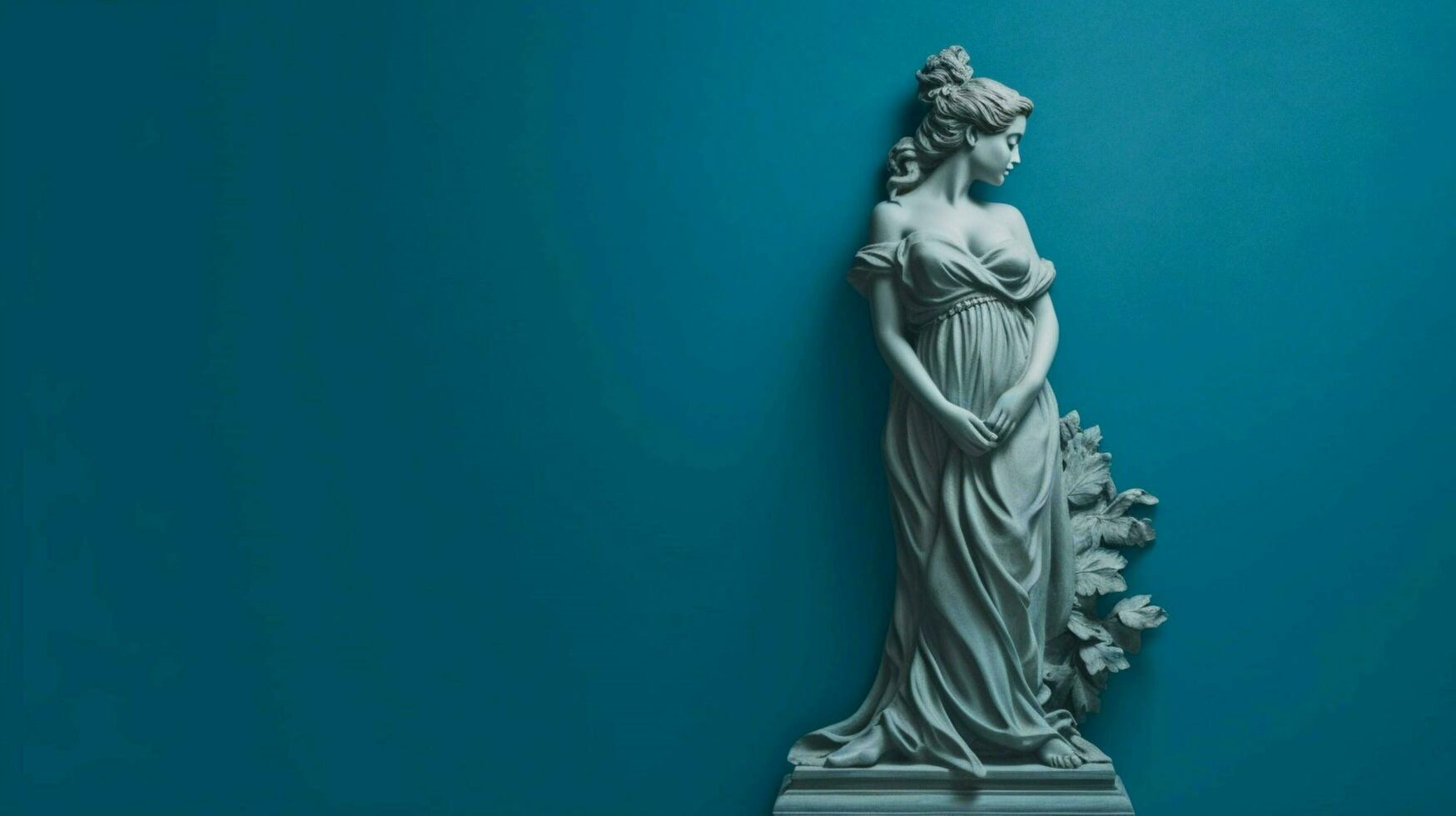 a blue background with a statue of a girl photo