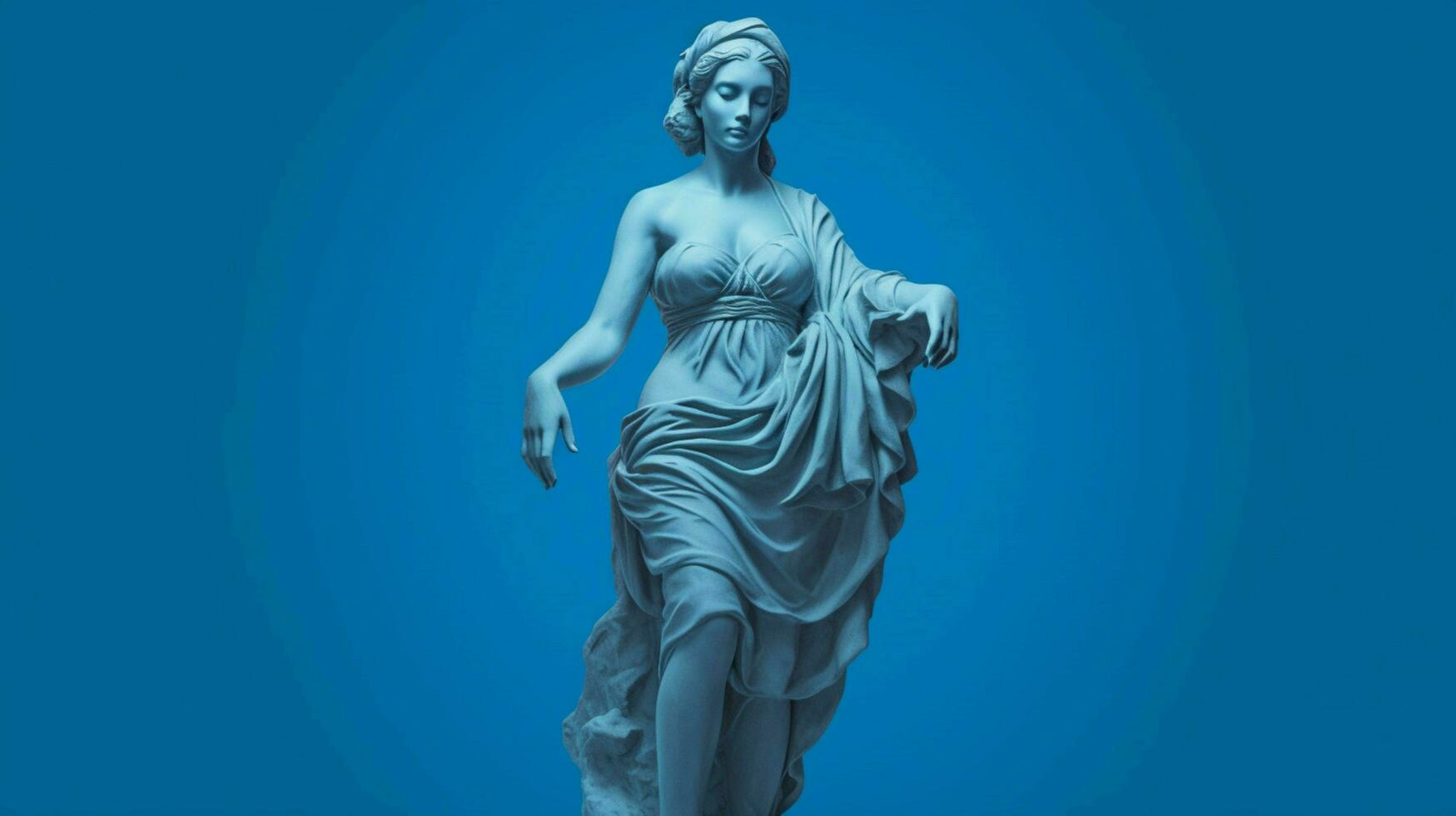 a blue background with a statue of a girl photo