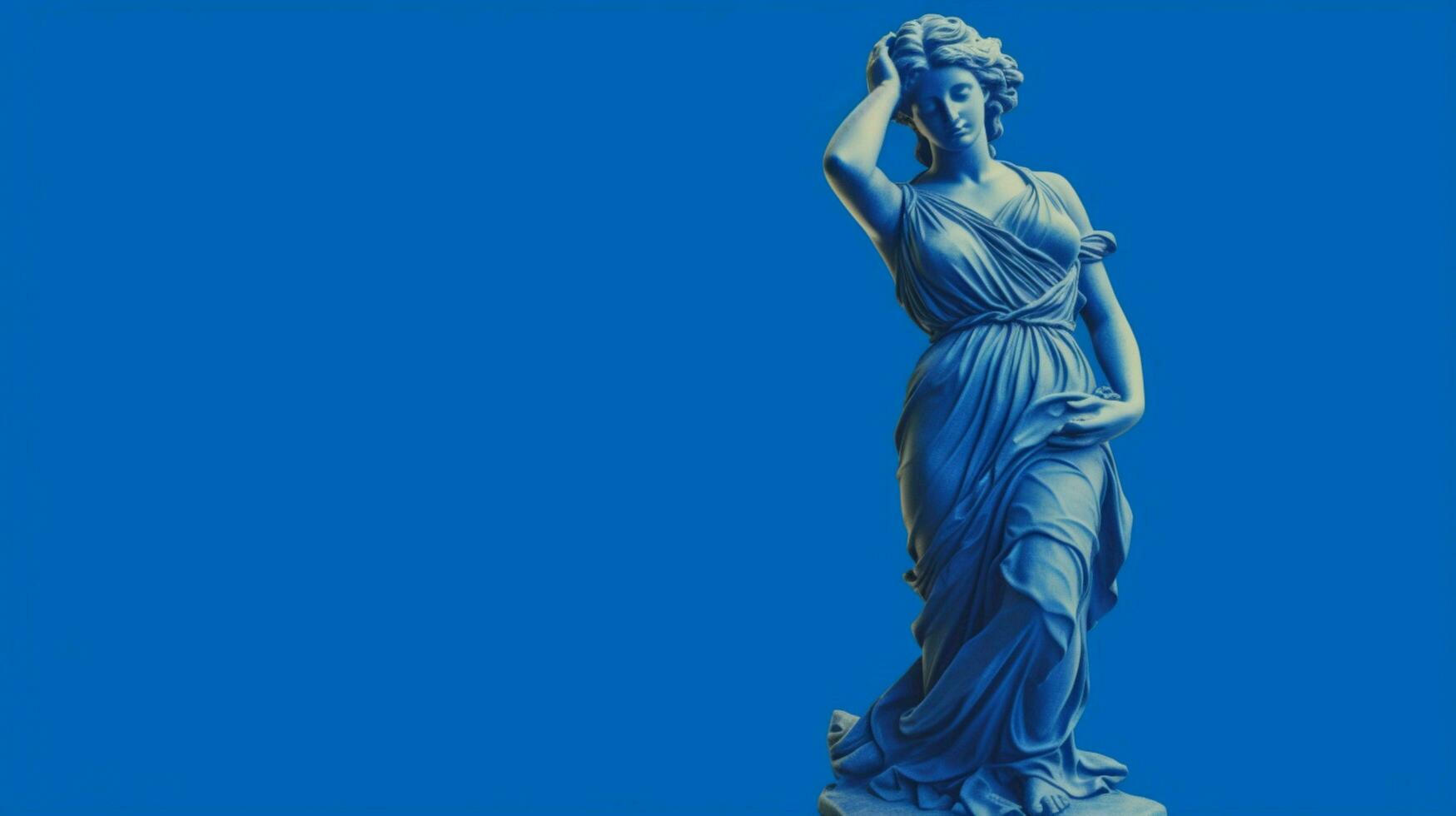 a blue background with a statue of a girl photo