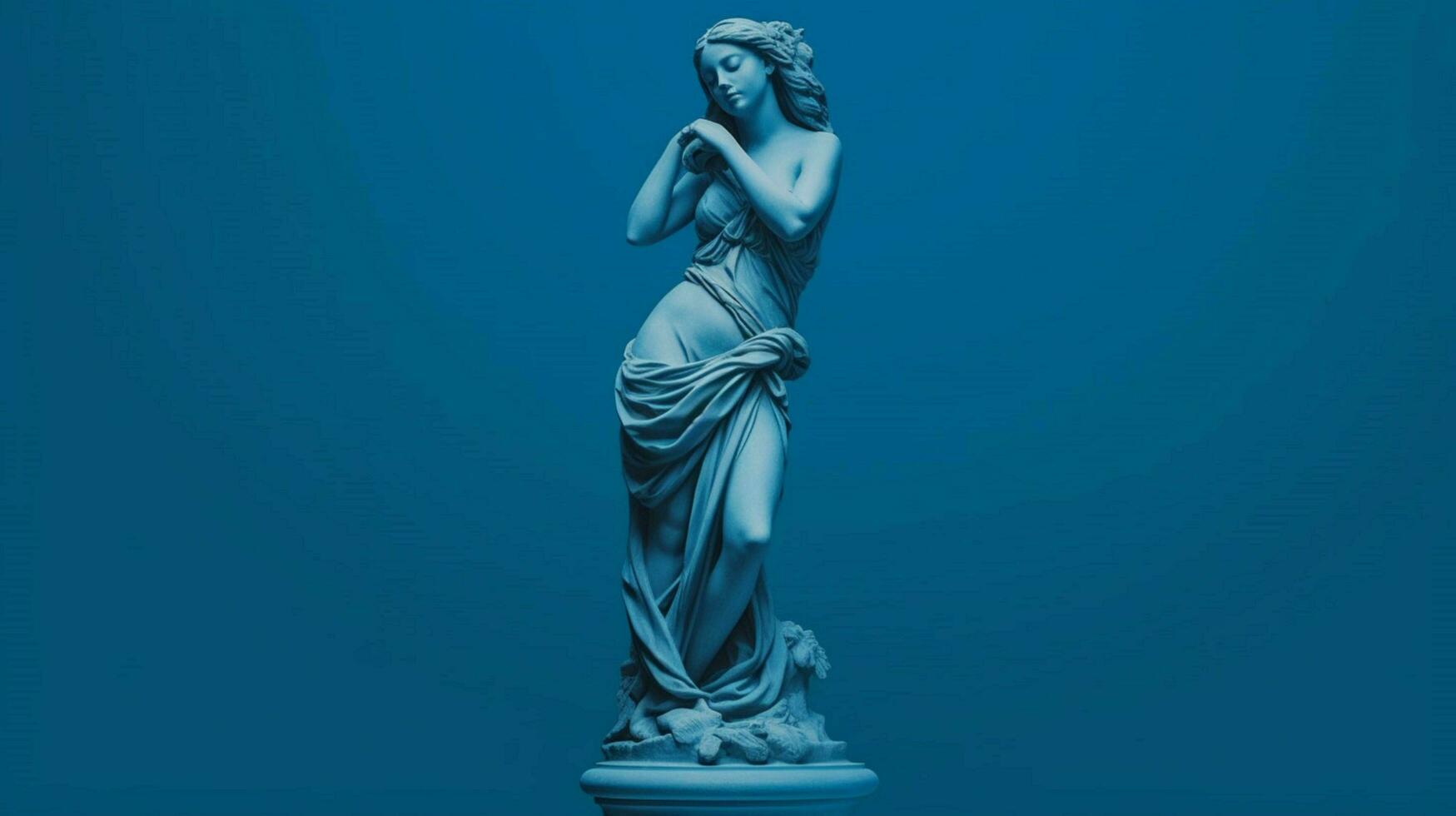 a blue background with a statue of a girl photo