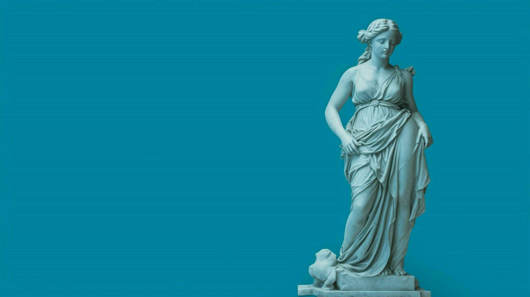 a blue background with a statue of a girl photo