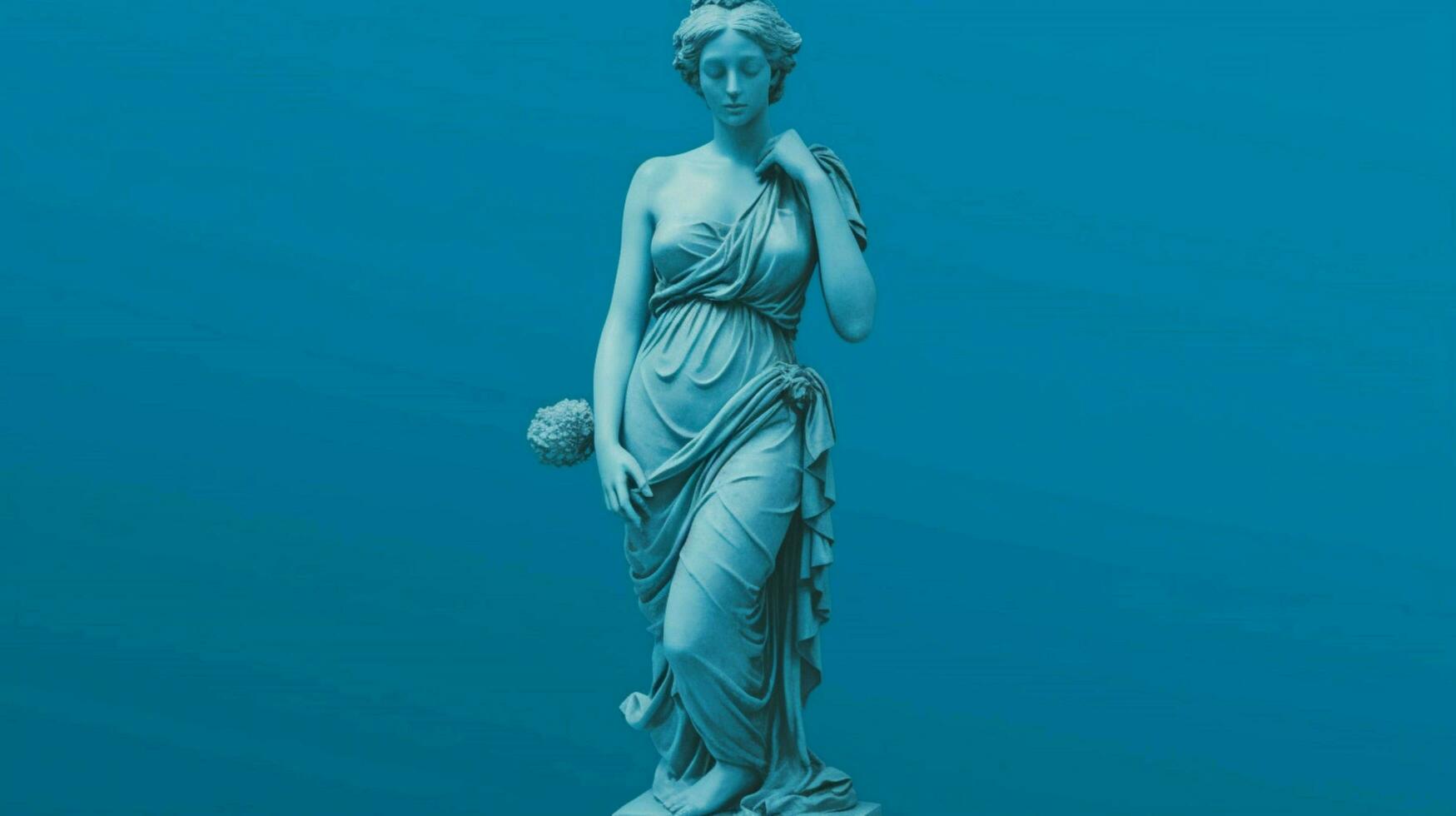 a blue background with a statue of a girl photo