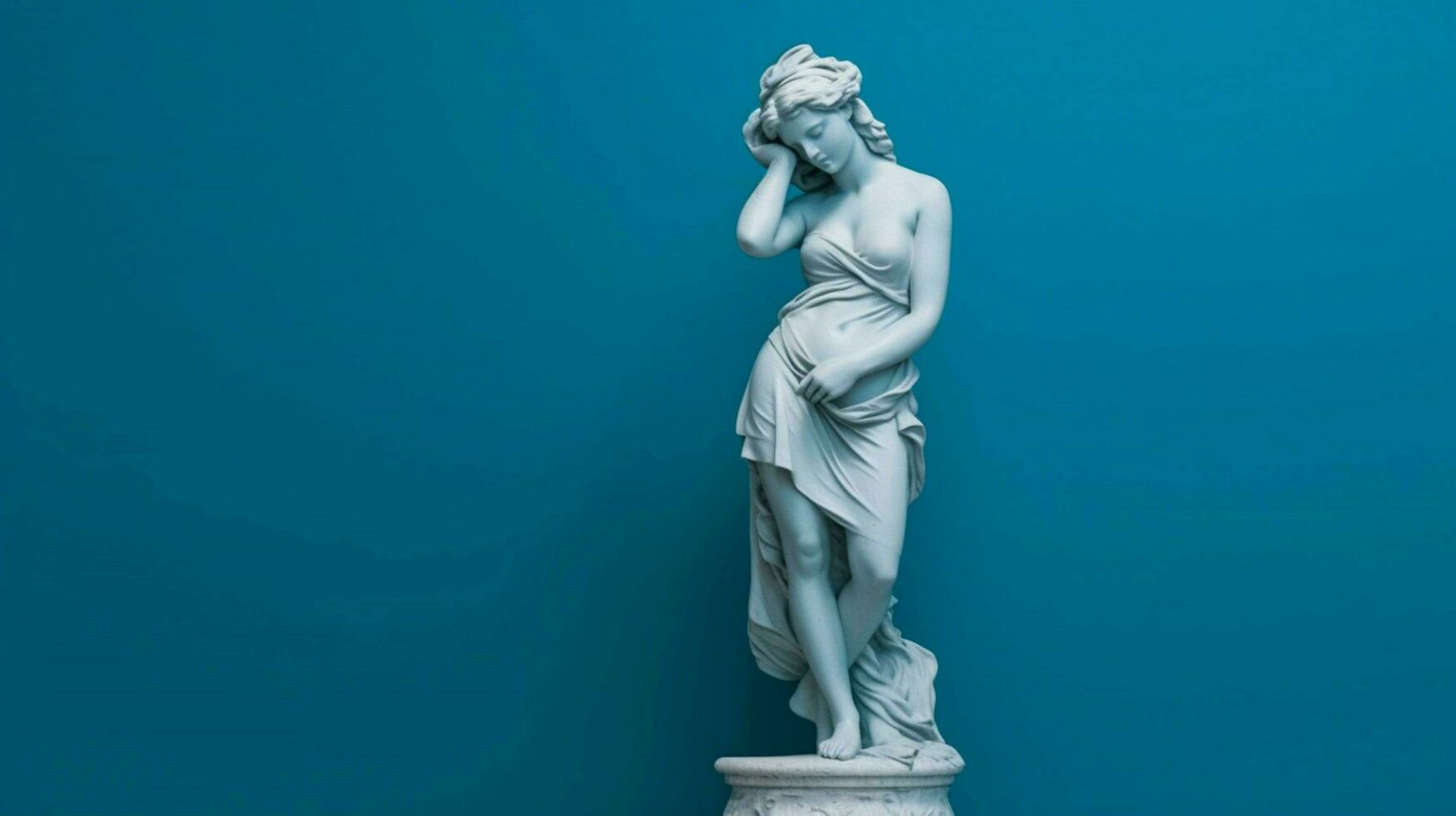 a blue background with a statue of a girl photo