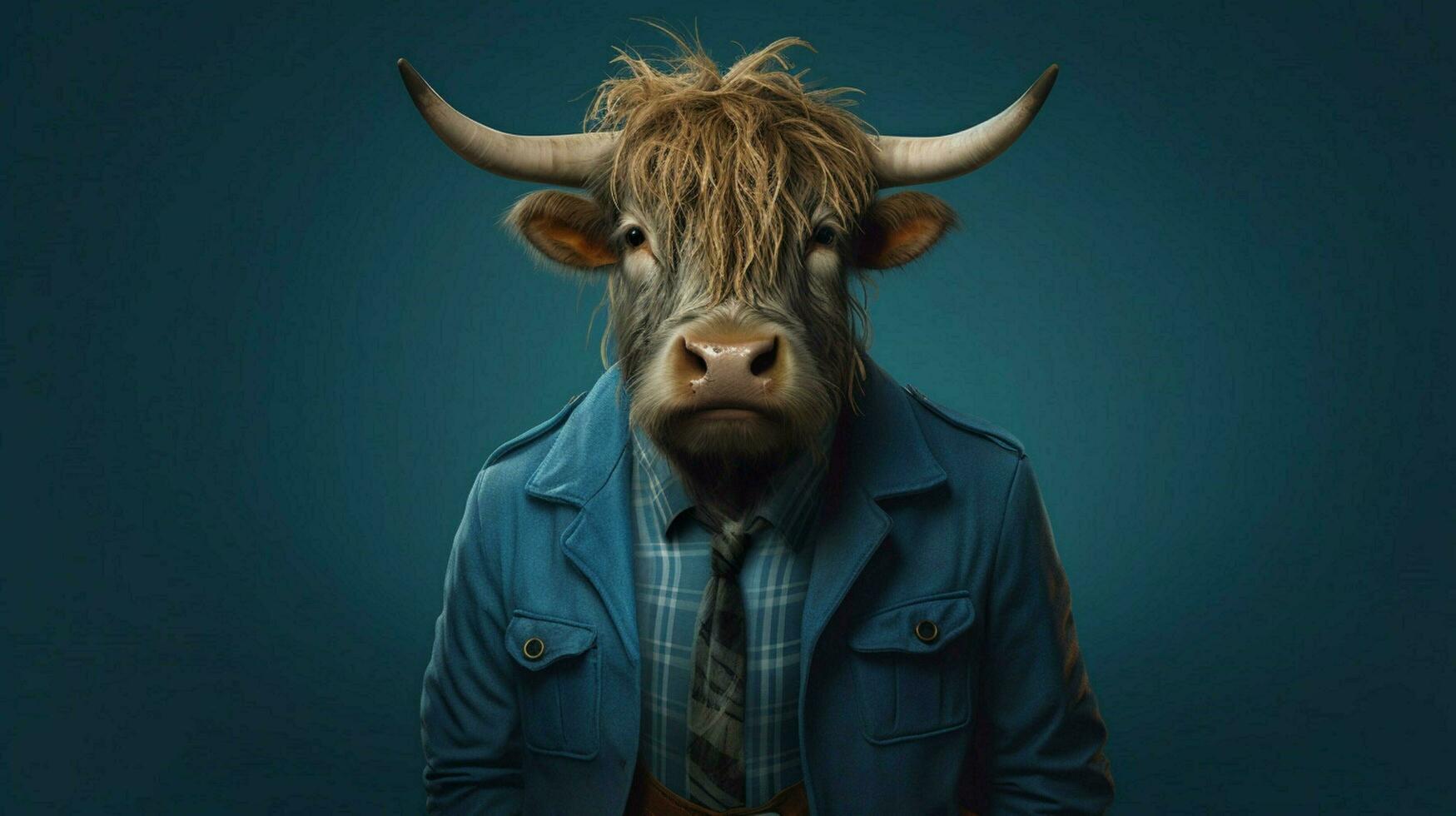 a blue highland cow with a blue jacket photo