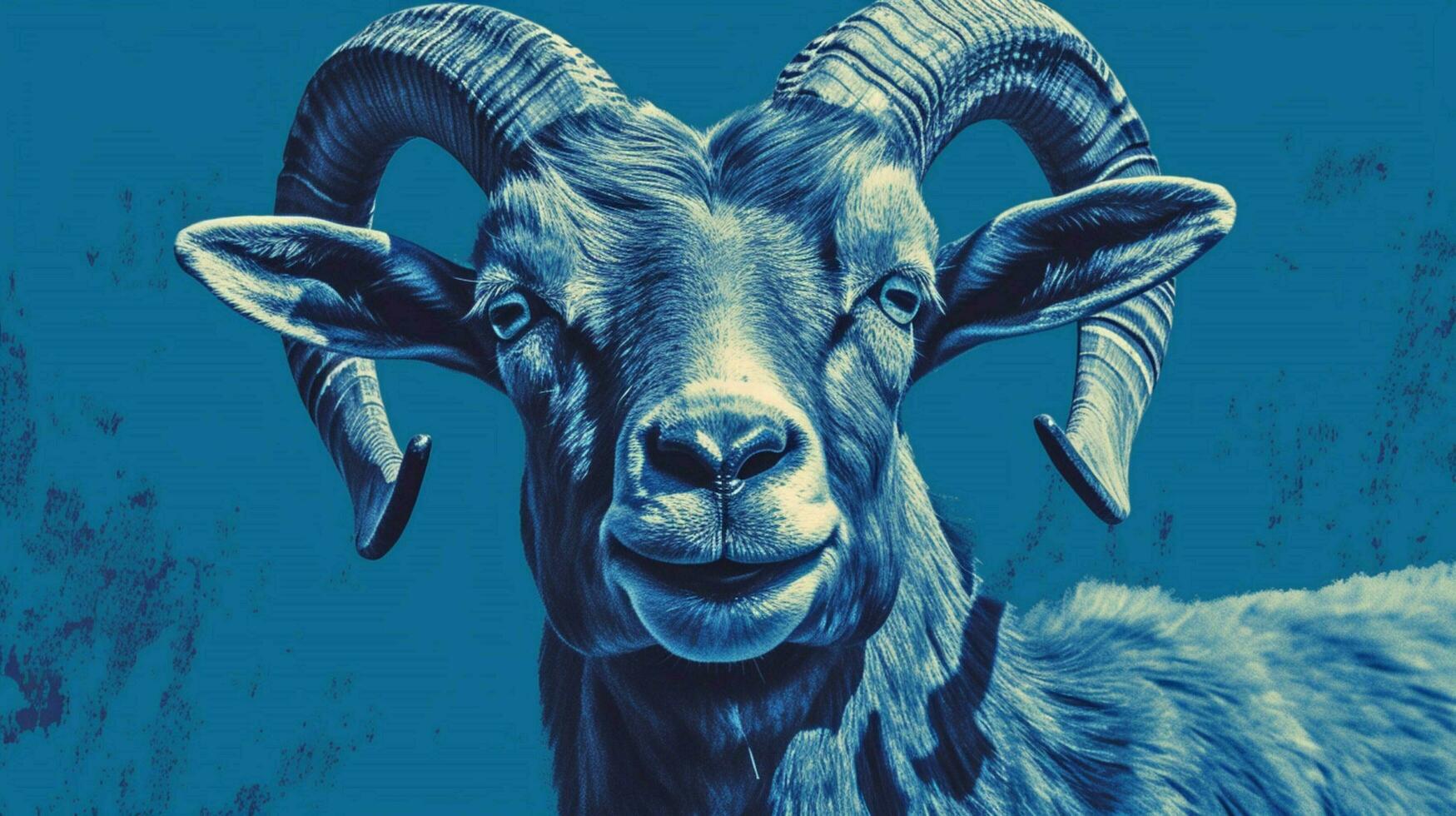 a blue poster with a goats face photo