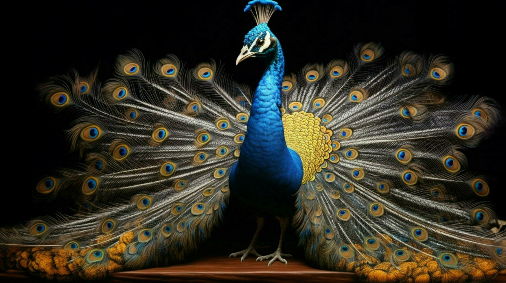 a blue peacock with gold and silver feathers photo