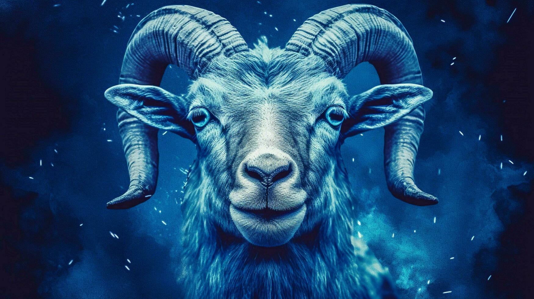 a blue poster with a goats face photo