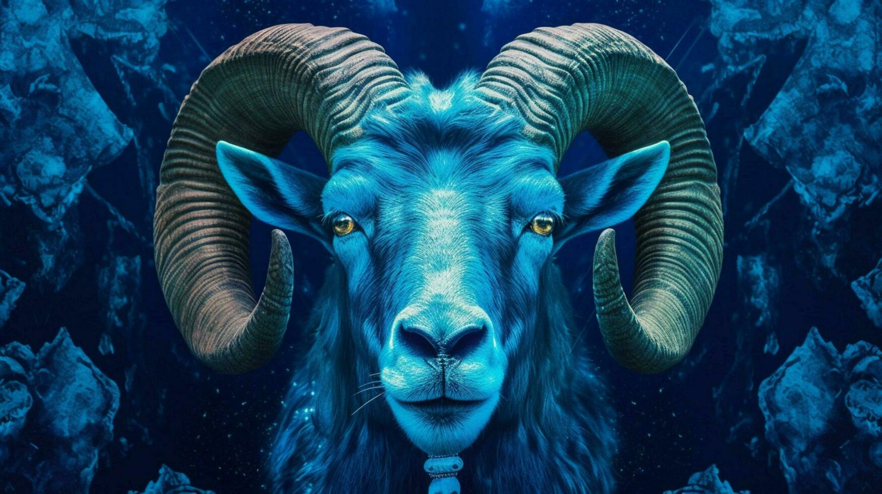 a blue poster with a goats face photo