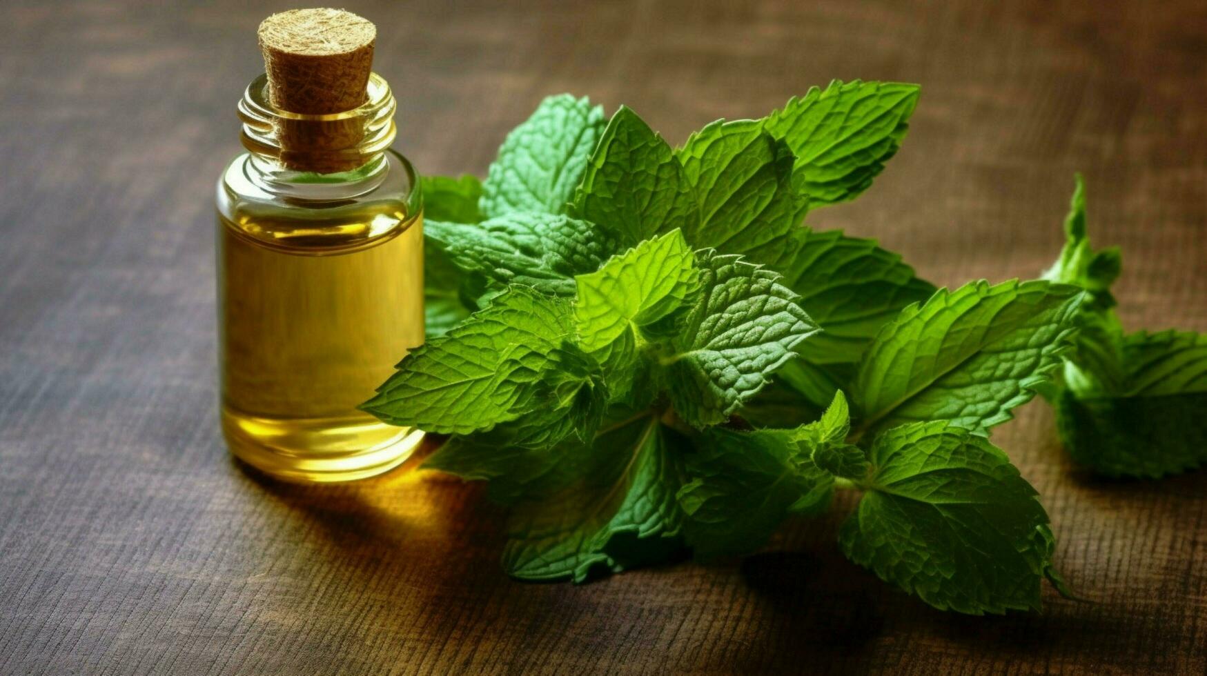 a bottle of essential oil next to a sprig of mint photo