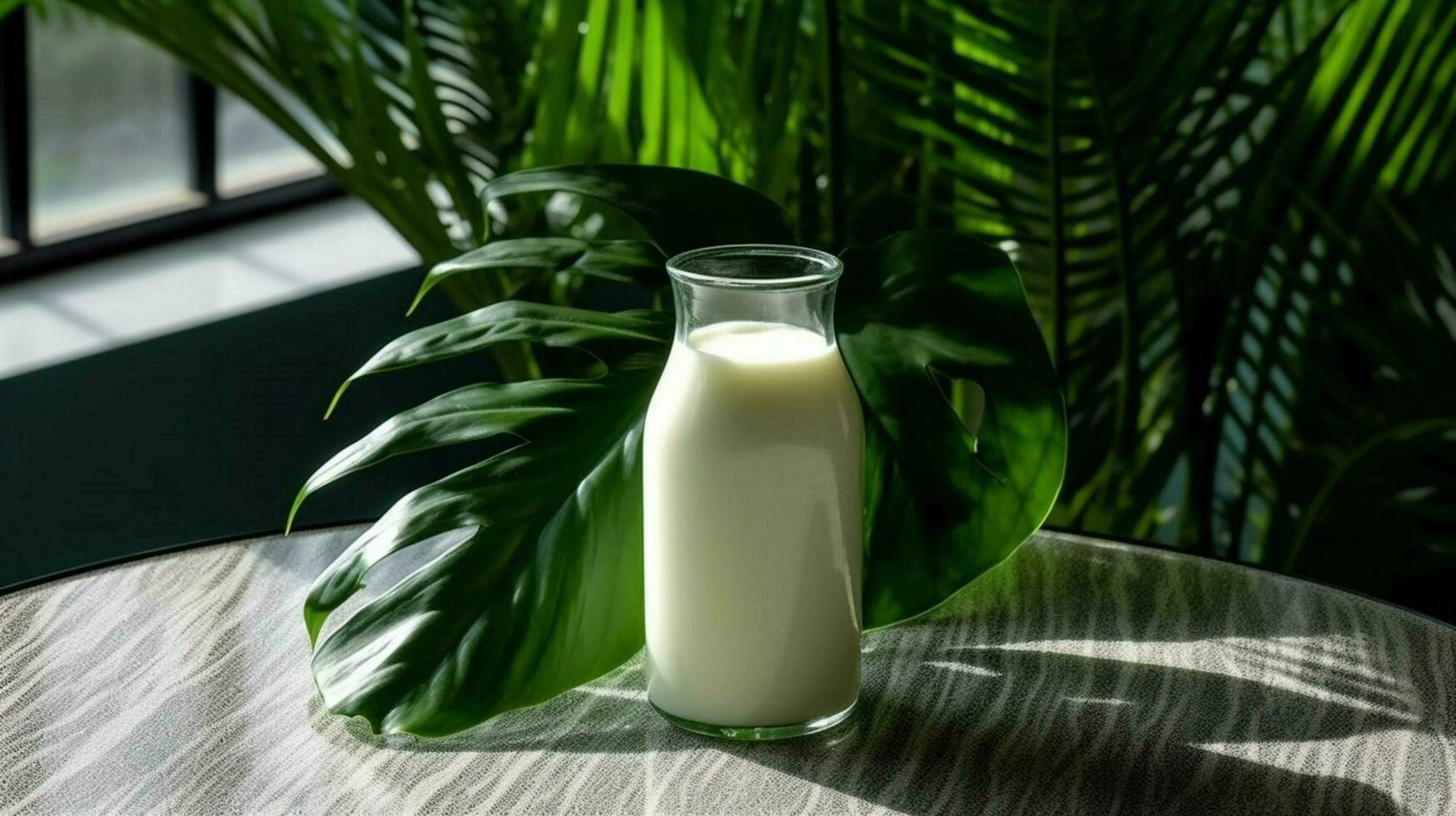 a bottle of milk with a black cap sits on a table photo