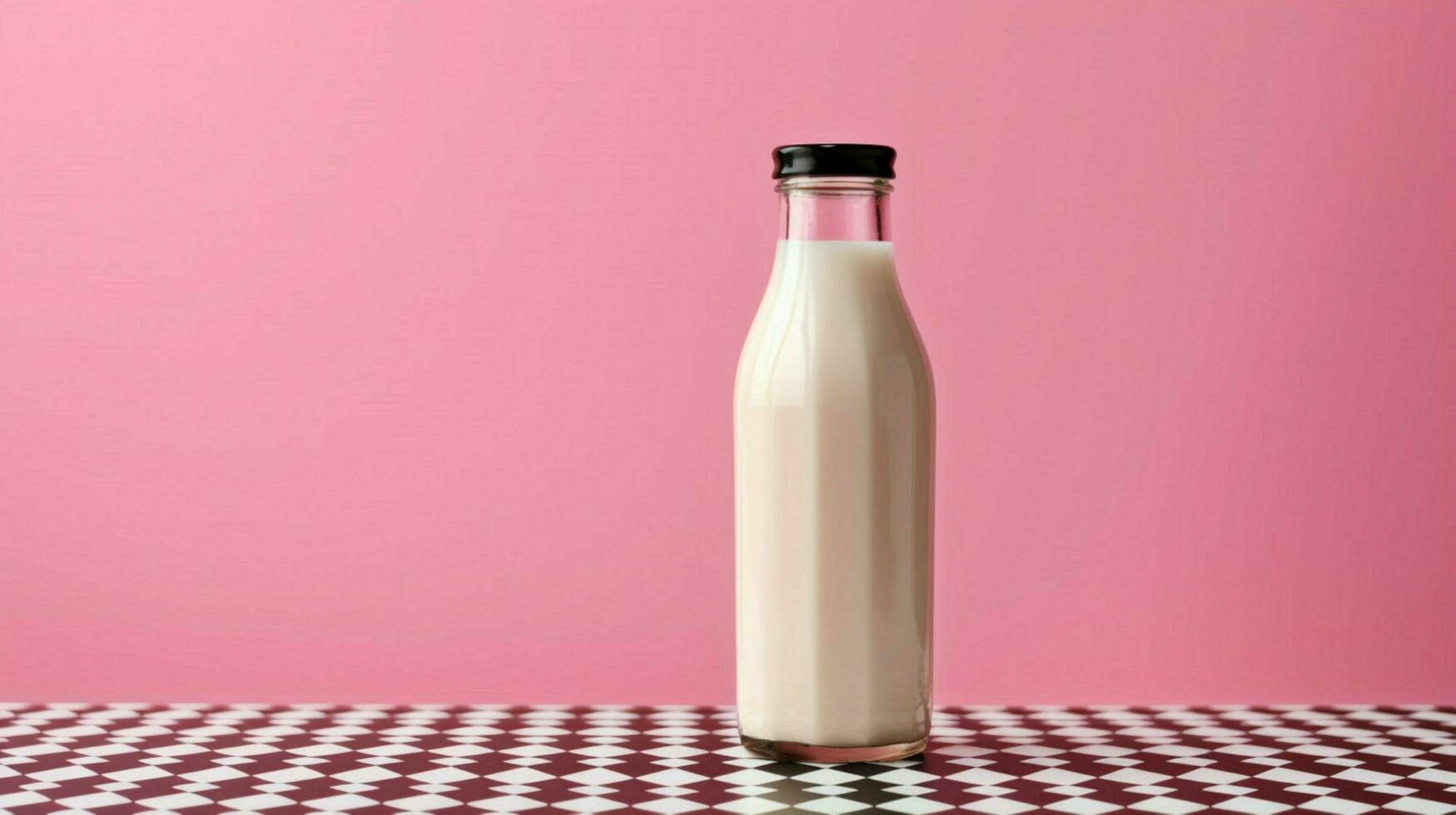 a bottle of milk with a black cap sits on a table photo