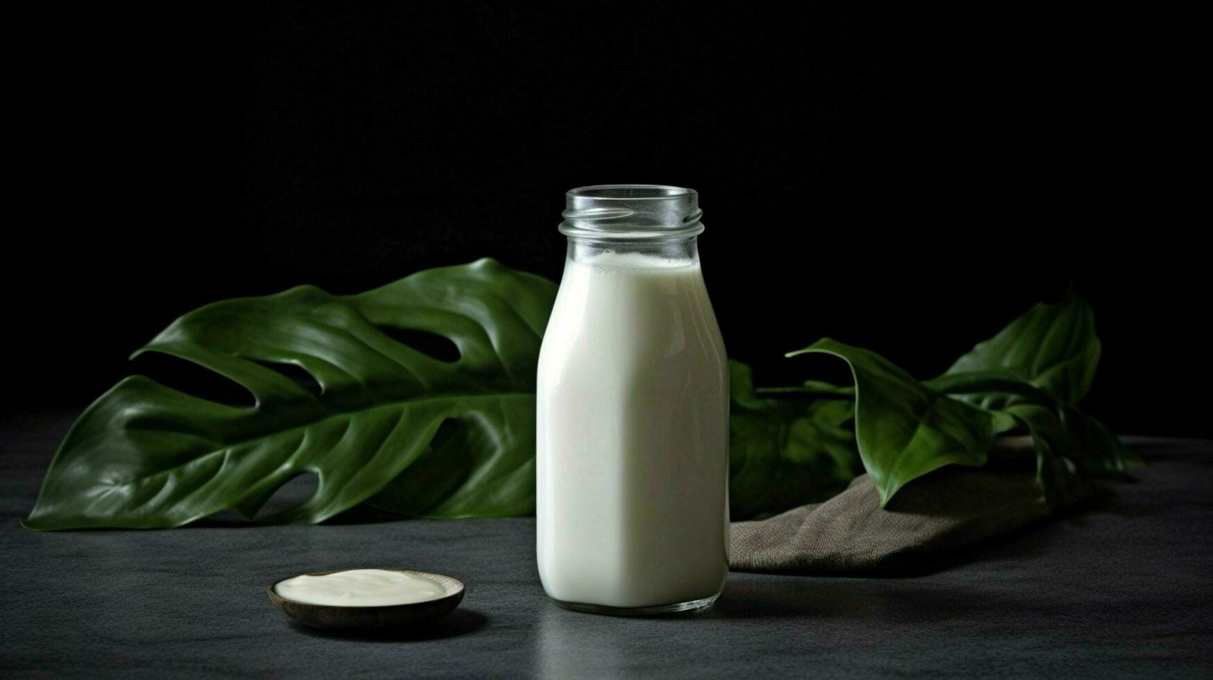 a bottle of milk with a black cap sits on a table photo