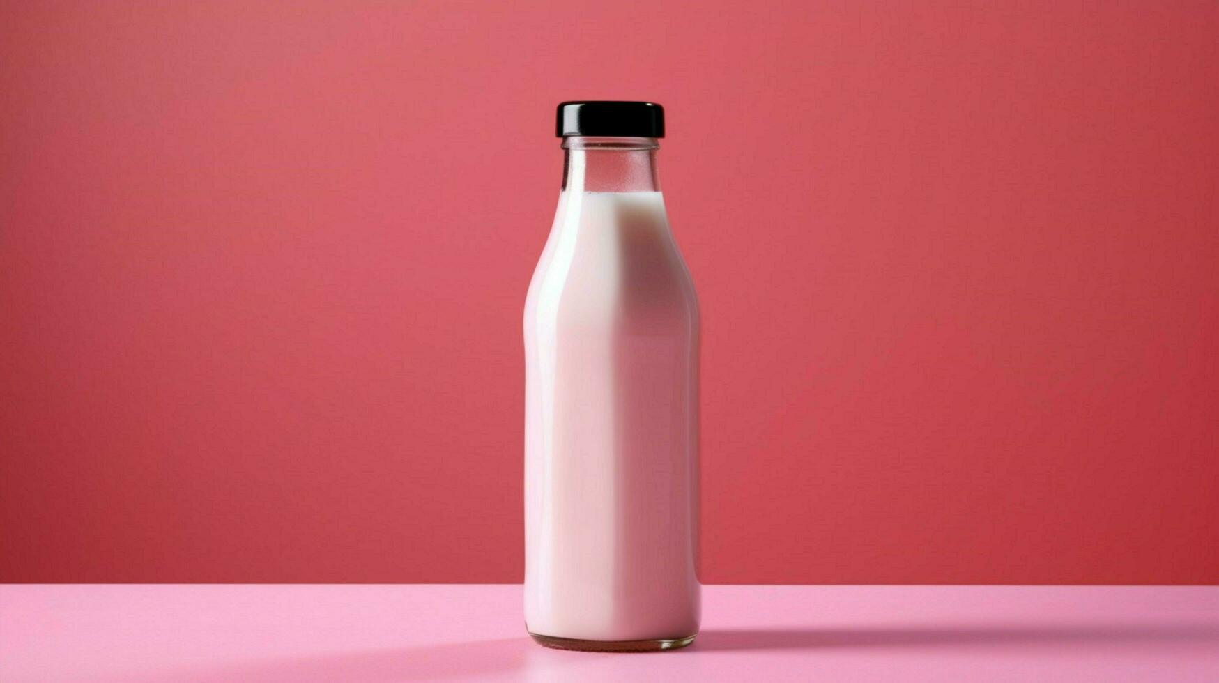 a bottle of milk with a black cap sits on a table photo
