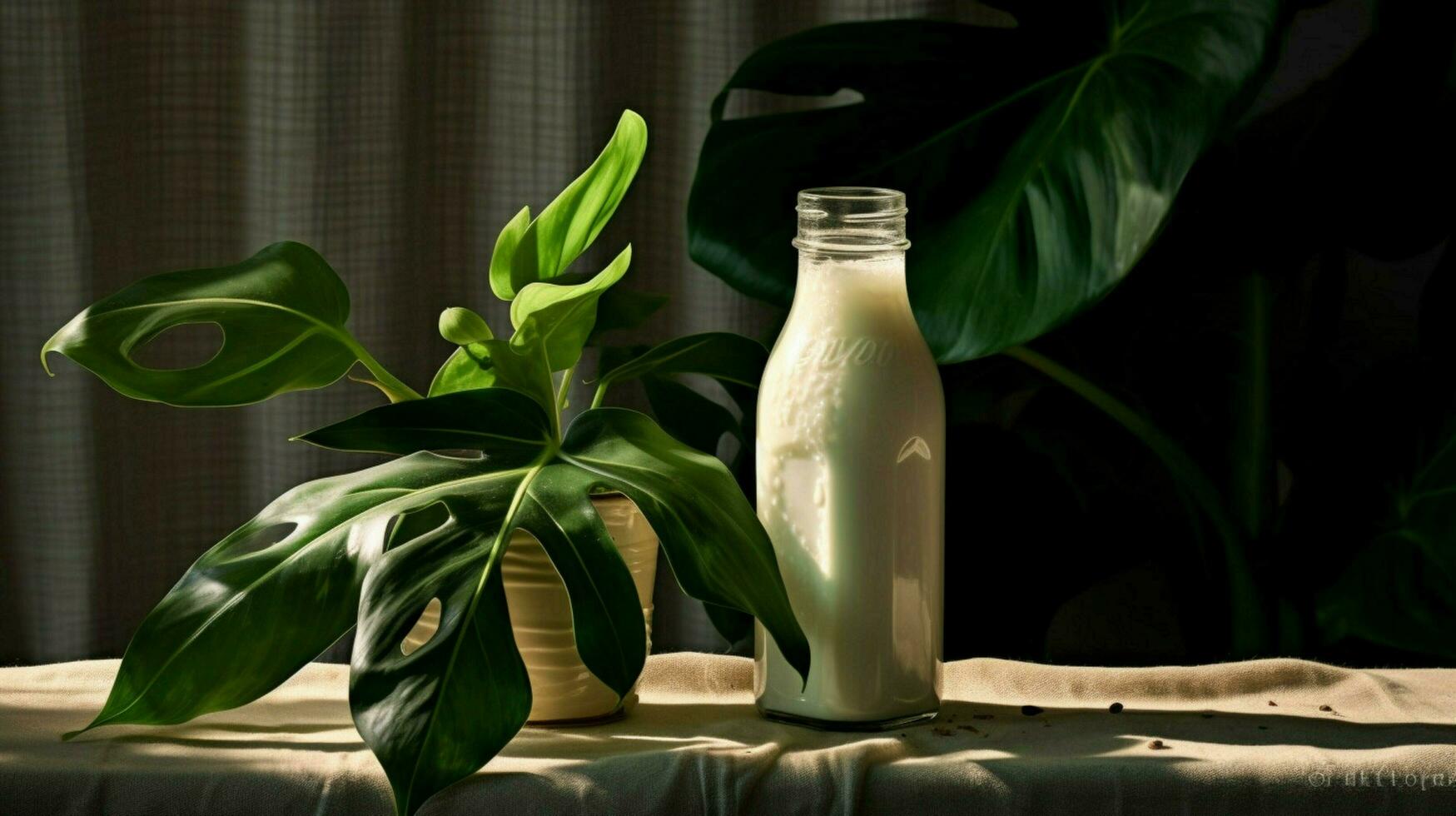 a bottle of milk with a black cap sits on a table photo