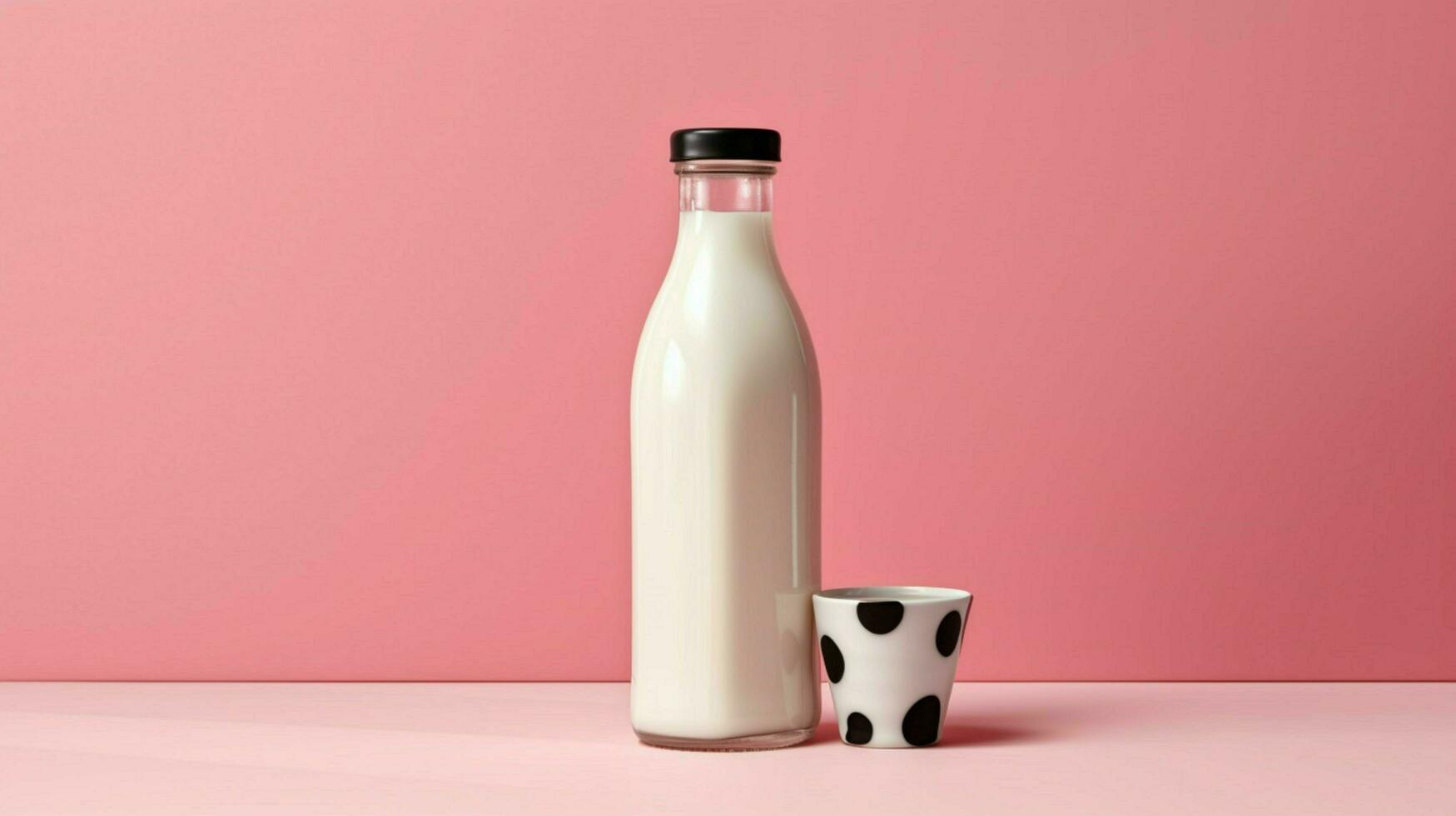 a bottle of milk with a black cap sits on a table photo