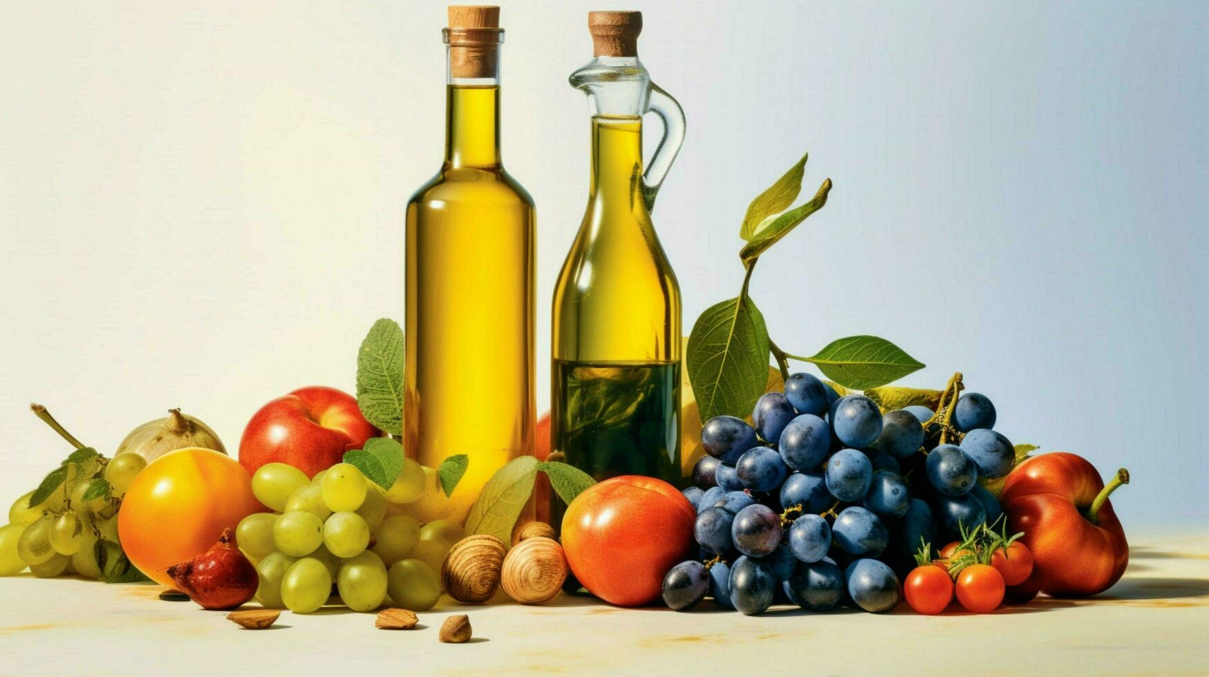 a bottle of olive oil next to a bunch of fruit photo