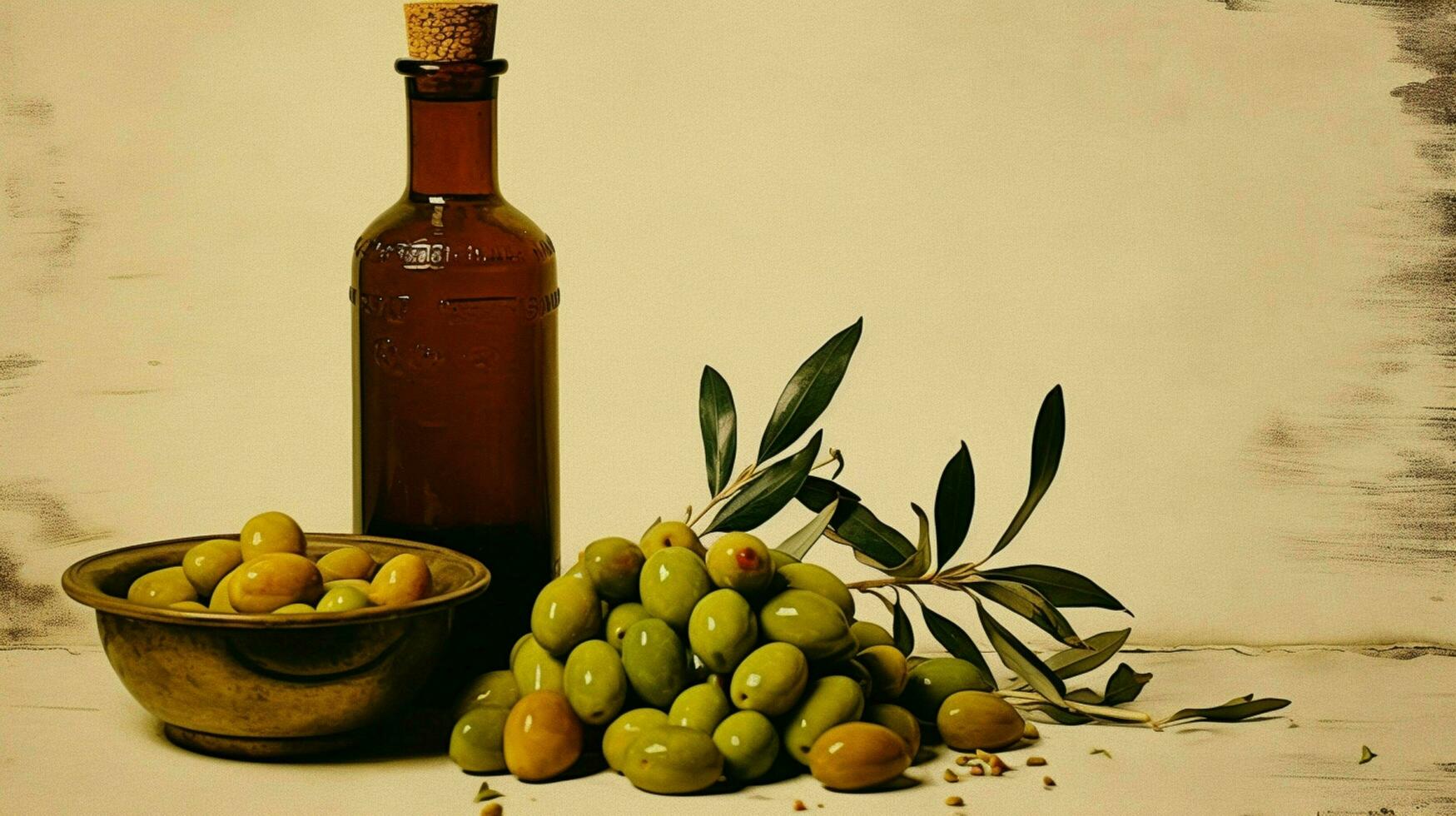 a bottle of olive oil next to a bunch of olives photo