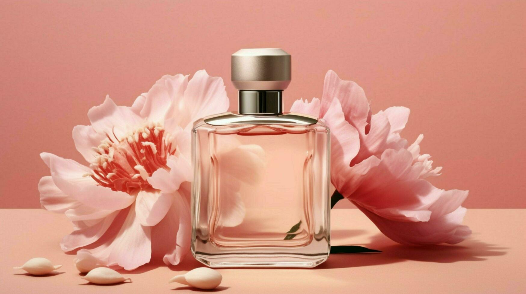 a bottle of perfume with a pink flower next to it photo